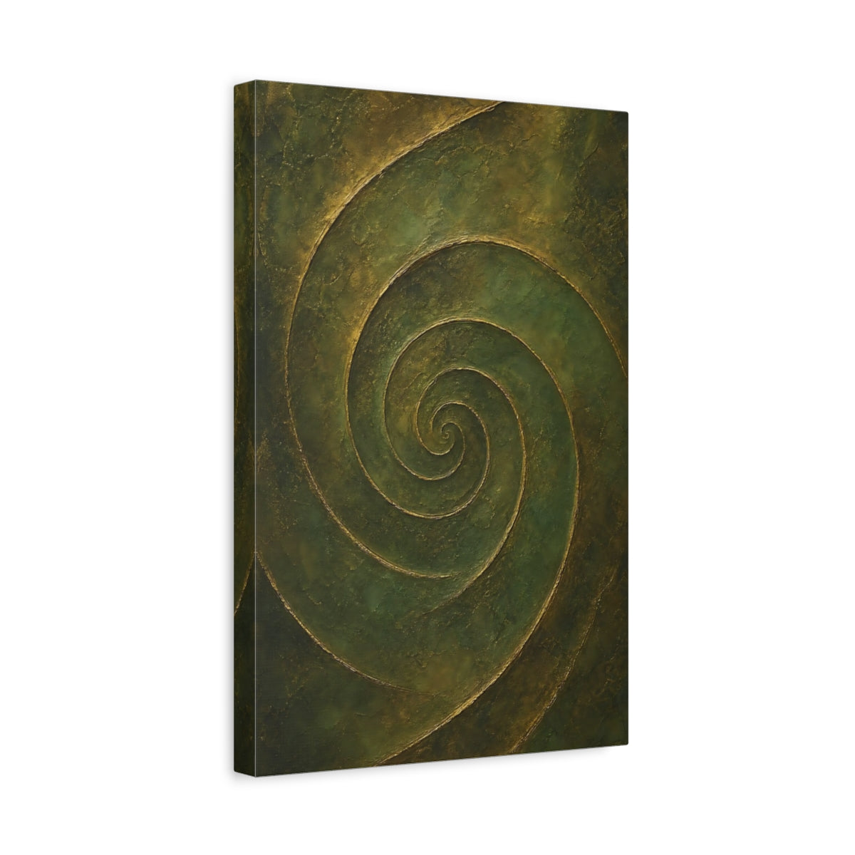 Side Mockup 4. Abstract Abstract Spiral Green Gold Abstract shown as stretched canvas wall art