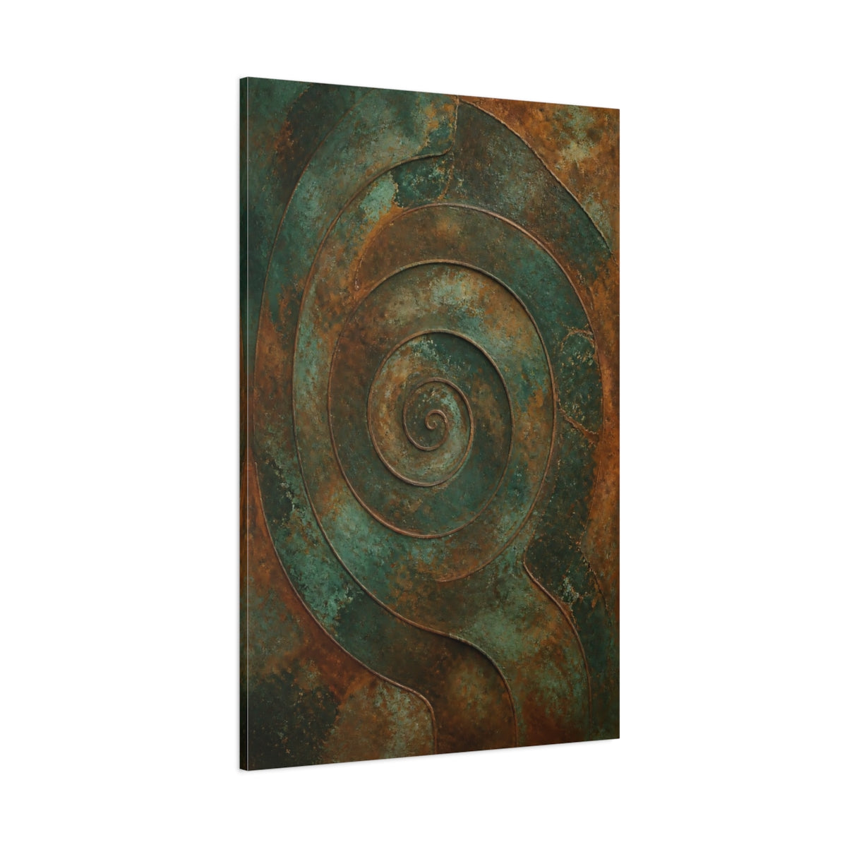 Side Mockup 1. Abstract Spiral Pattern Teal Bronze shown as stretched canvas wall art