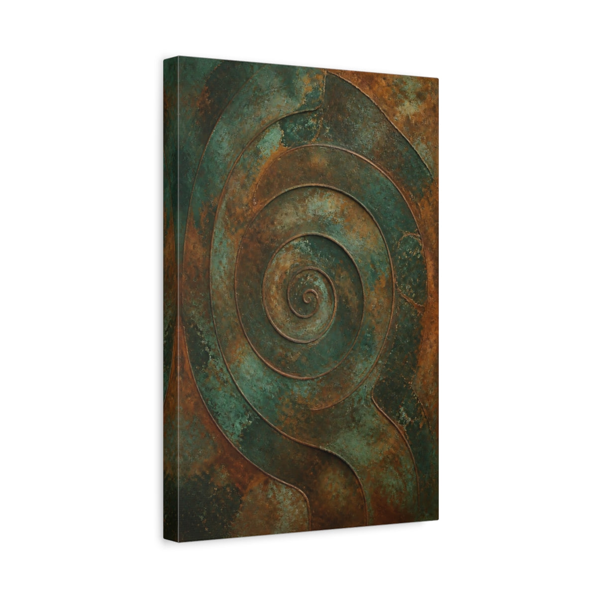 Side Mockup 4. Abstract Spiral Pattern Teal Bronze shown as stretched canvas wall art