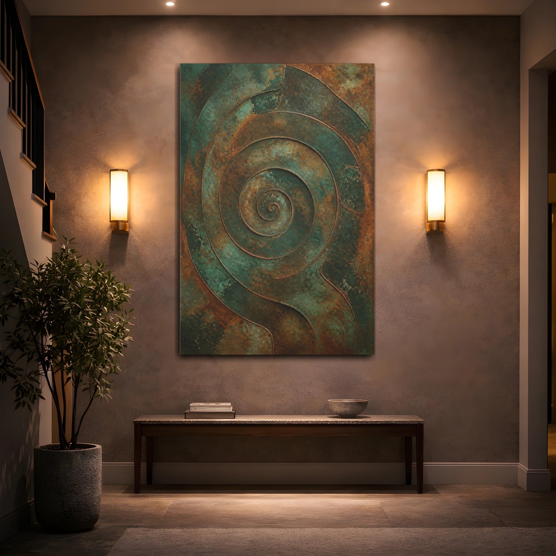 Mockup 2. Abstract Spiral Pattern Teal Bronze shown as stretched canvas wall art
