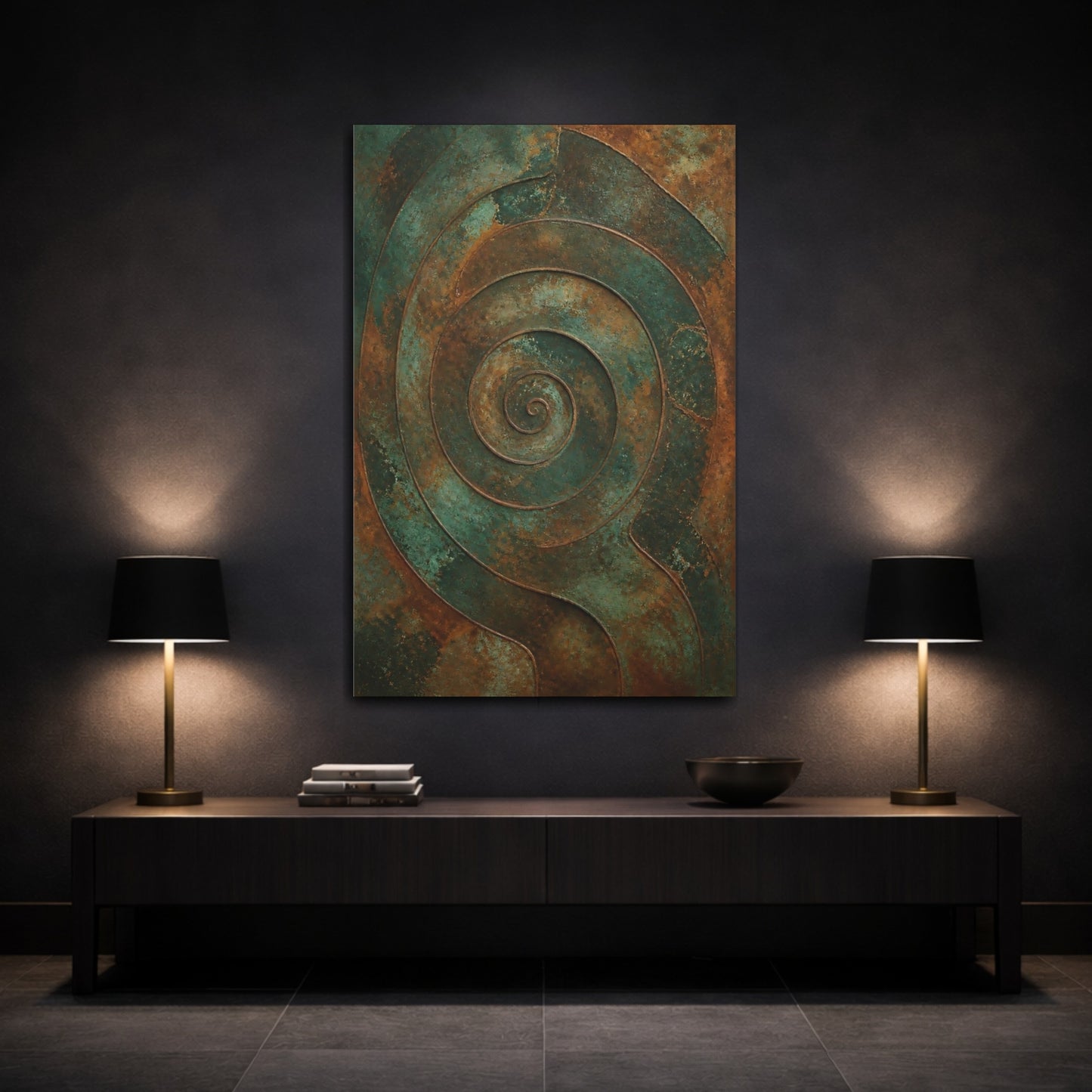 Mockup 3. Abstract Spiral Pattern Teal Bronze shown as stretched canvas wall art