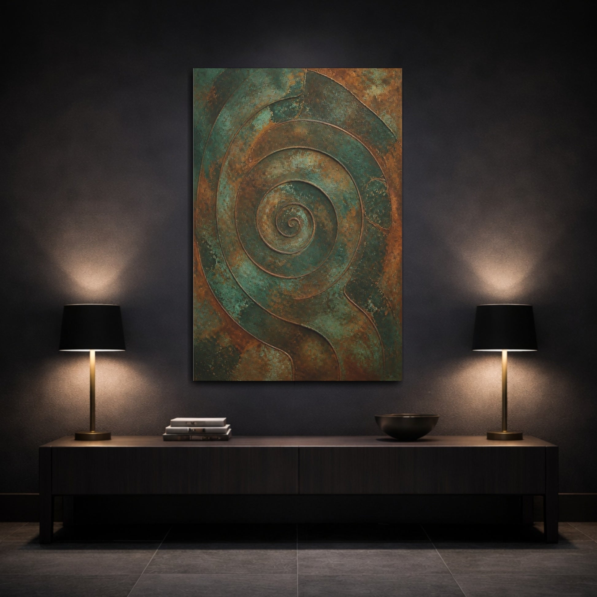 Mockup 3. Abstract Spiral Pattern Teal Bronze shown as stretched canvas wall art