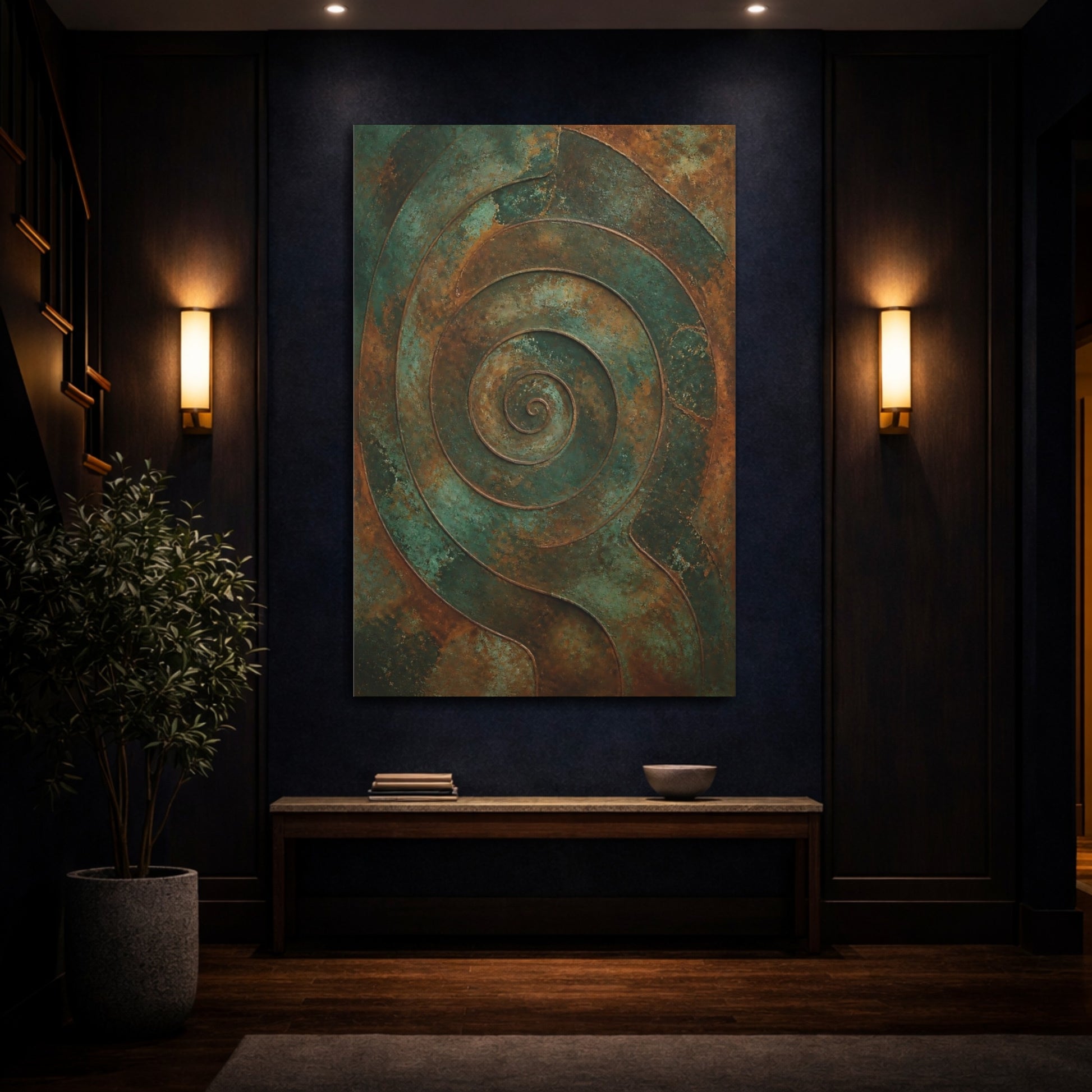 Mockup 4. Abstract Spiral Pattern Teal Bronze shown as stretched canvas wall art