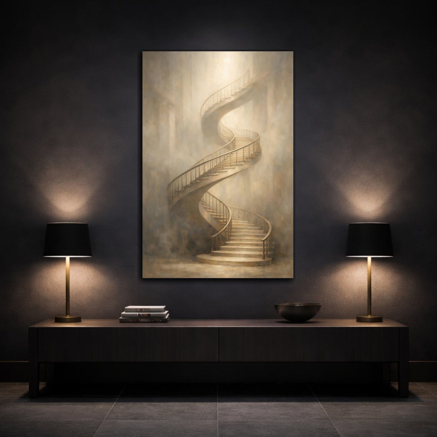 Mockup 2. Abstract Spiral Staircase Beige Spiral Staircase shown as stretched canvas wall art