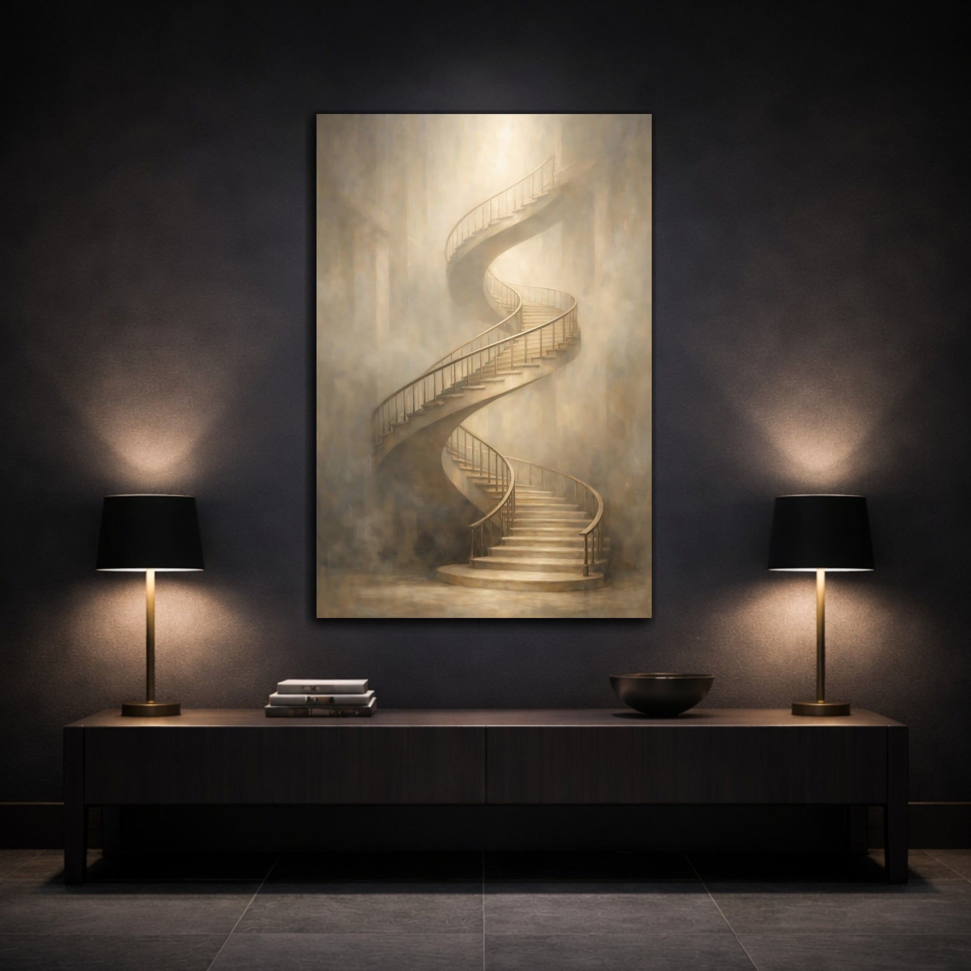 Mockup 2. Abstract Spiral Staircase Beige Spiral Staircase shown as stretched canvas wall art