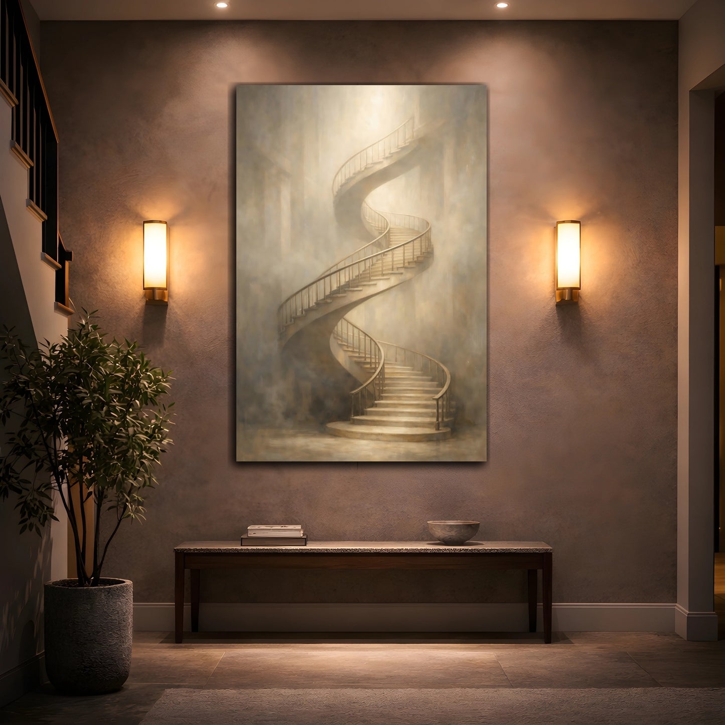 Mockup 3. Abstract Spiral Staircase Beige Spiral Staircase shown as stretched canvas wall art