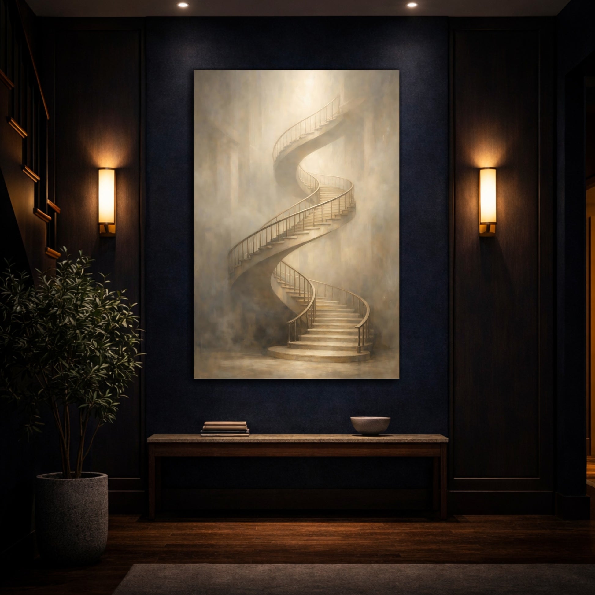 Mockup 4. Abstract Spiral Staircase Beige Spiral Staircase shown as stretched canvas wall art