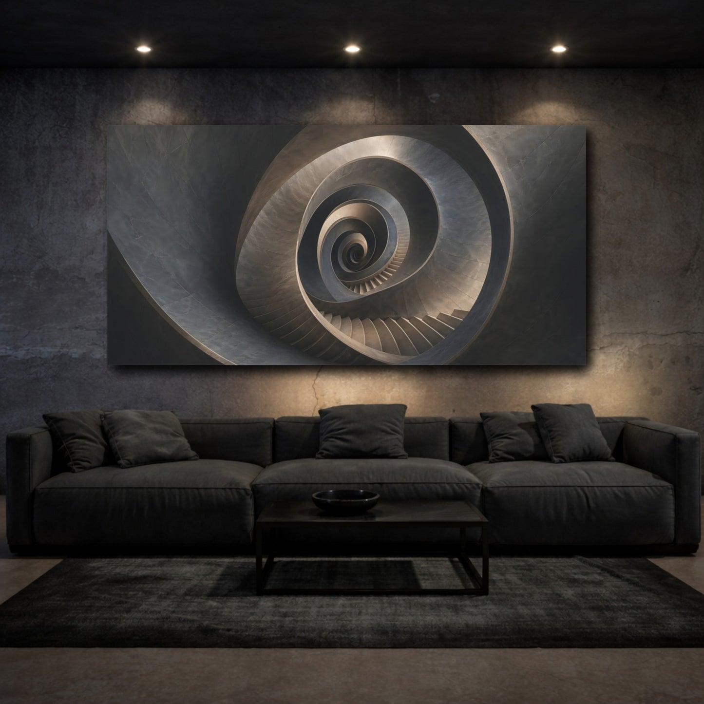 Mockup 2. Abstract Spiral Staircase Dark Grey Abstract shown as stretched canvas wall art