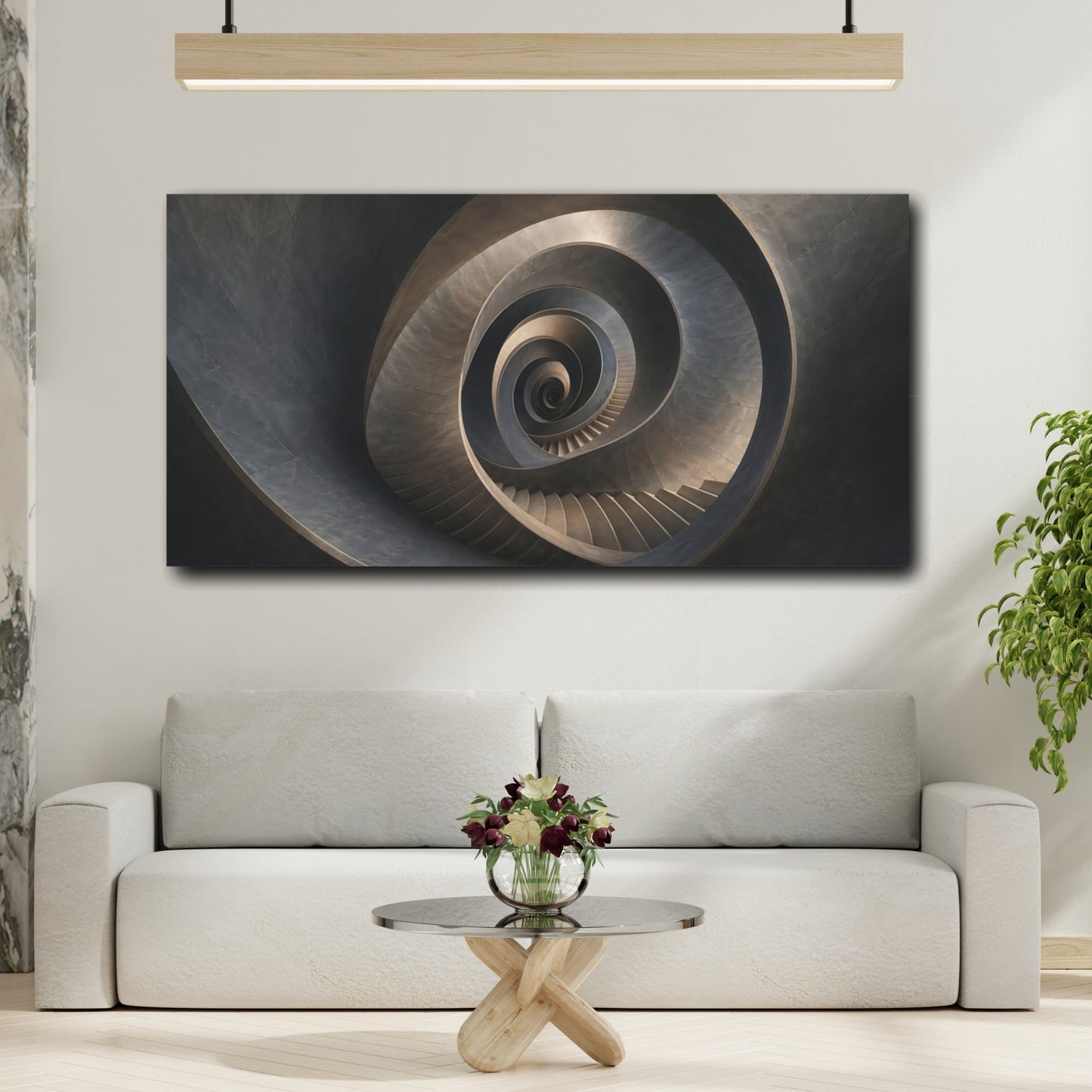 Mockup 3. Abstract Spiral Staircase Dark Grey Abstract shown as stretched canvas wall art