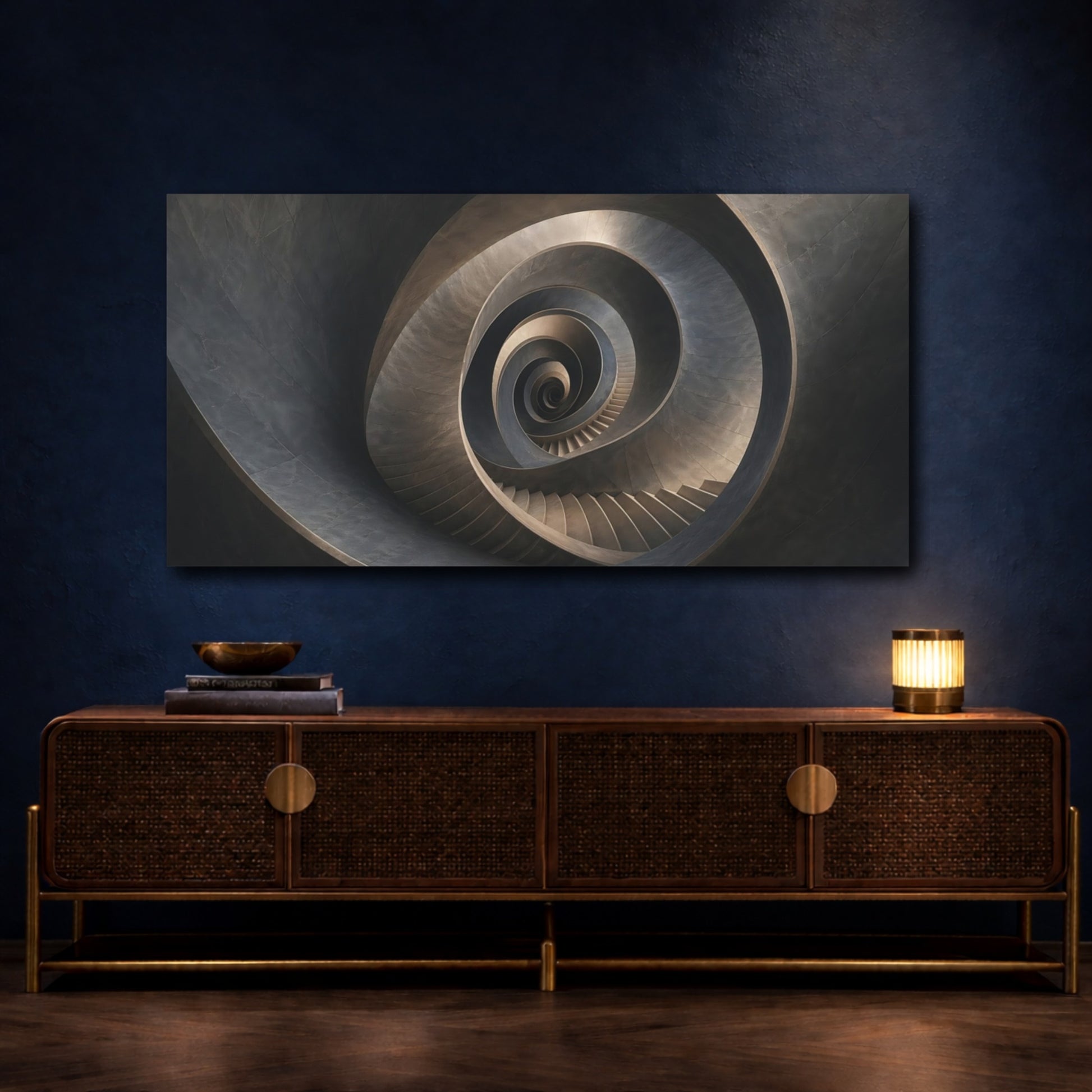 Mockup 4. Abstract Spiral Staircase Dark Grey Abstract shown as stretched canvas wall art