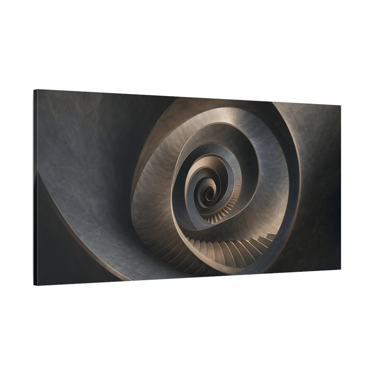 Side Mockup 2. Abstract Spiral Staircase Dark Grey Abstract shown as stretched canvas wall art