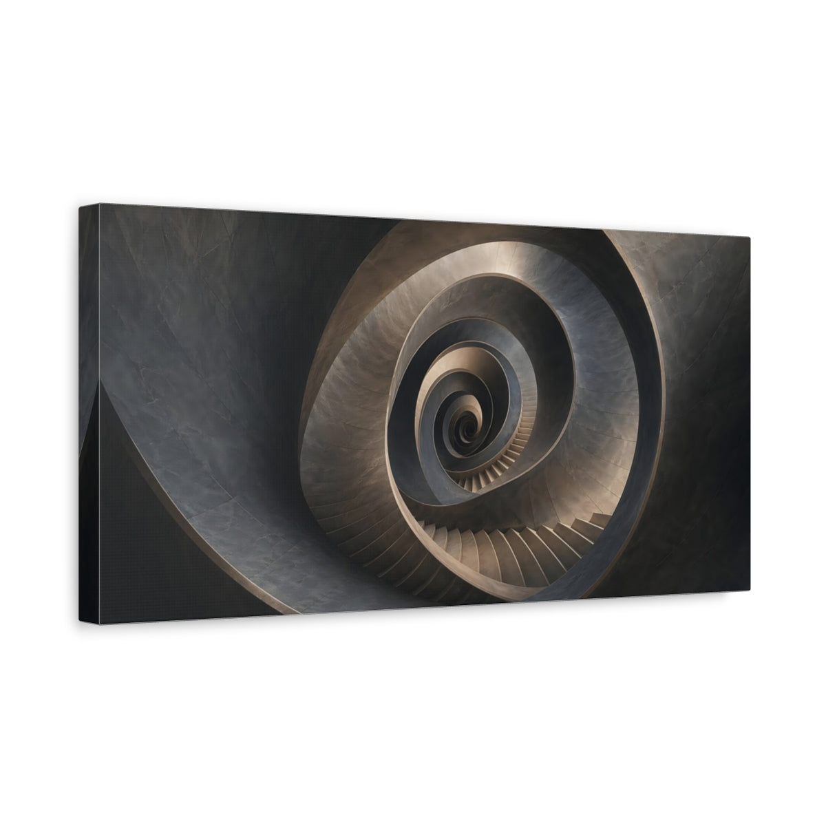 Side Mockup 3. Abstract Spiral Staircase Dark Grey Abstract shown as stretched canvas wall art