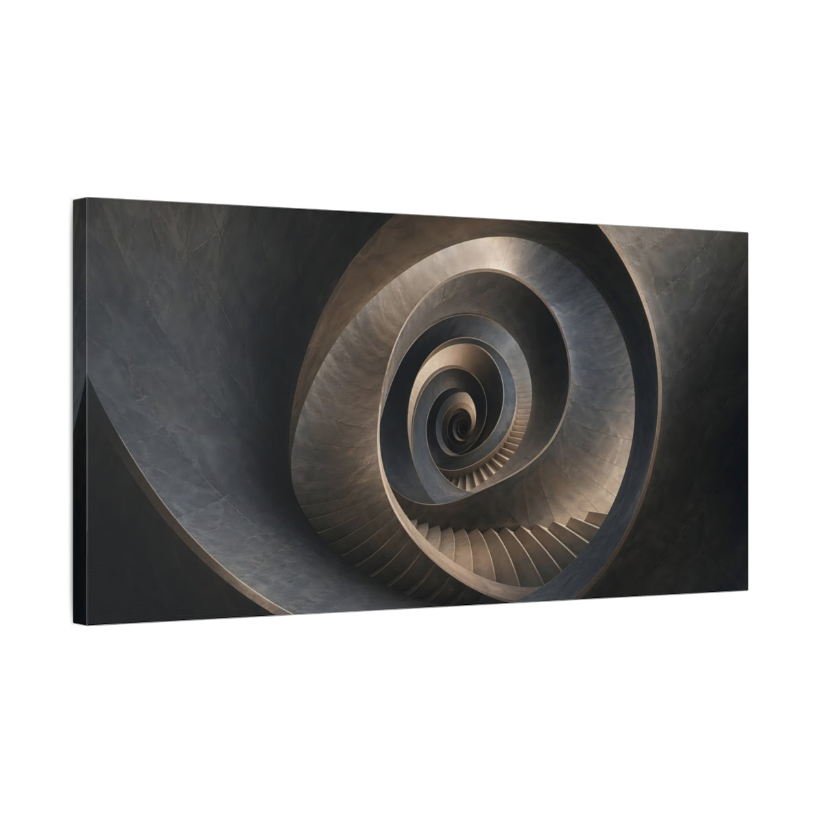 Side Mockup 1. Abstract Spiral Staircase Dark Grey Abstract shown as stretched canvas wall art