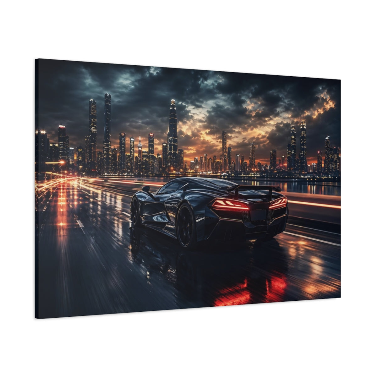 Side Mockup 1. Abstract Sports Car Dynamic Black Car shown as stretched canvas wall art