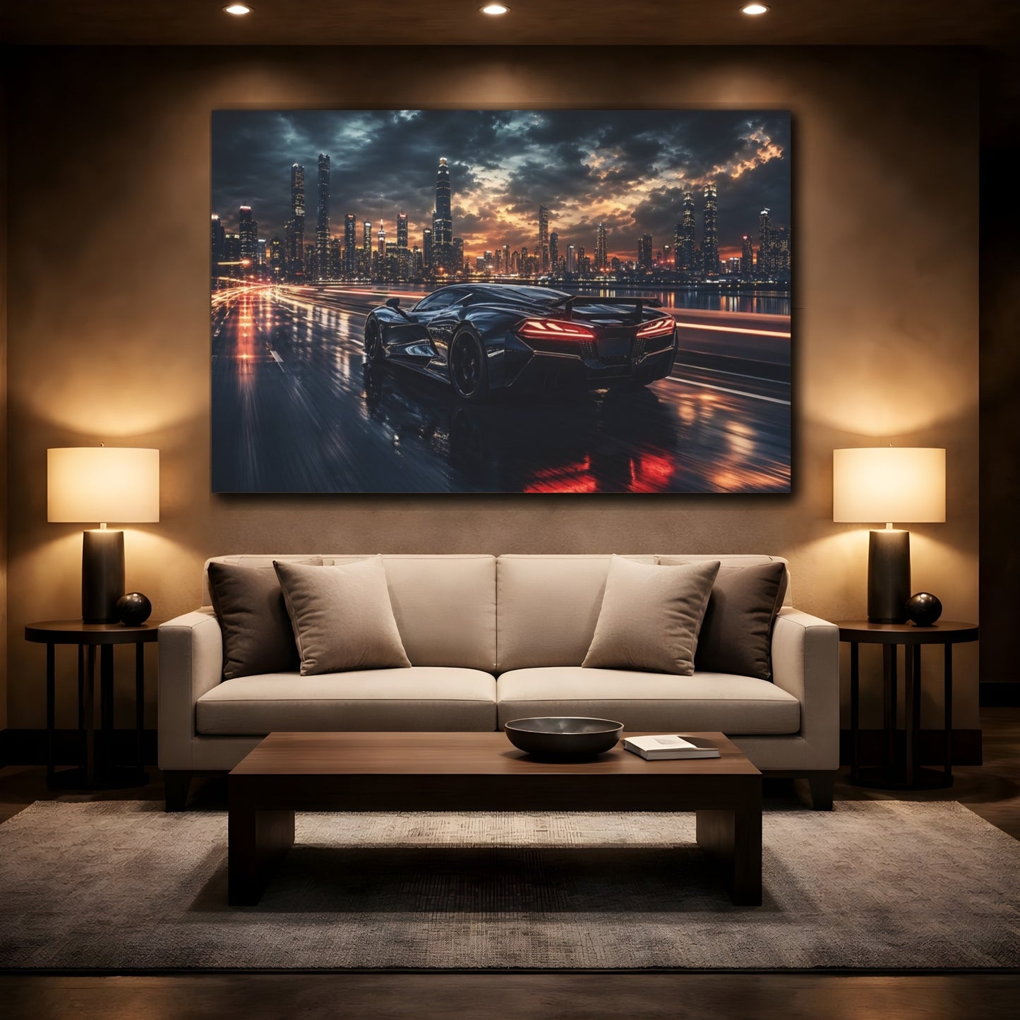 Mockup 2. Abstract Sports Car Dynamic Black Car shown as stretched canvas wall art