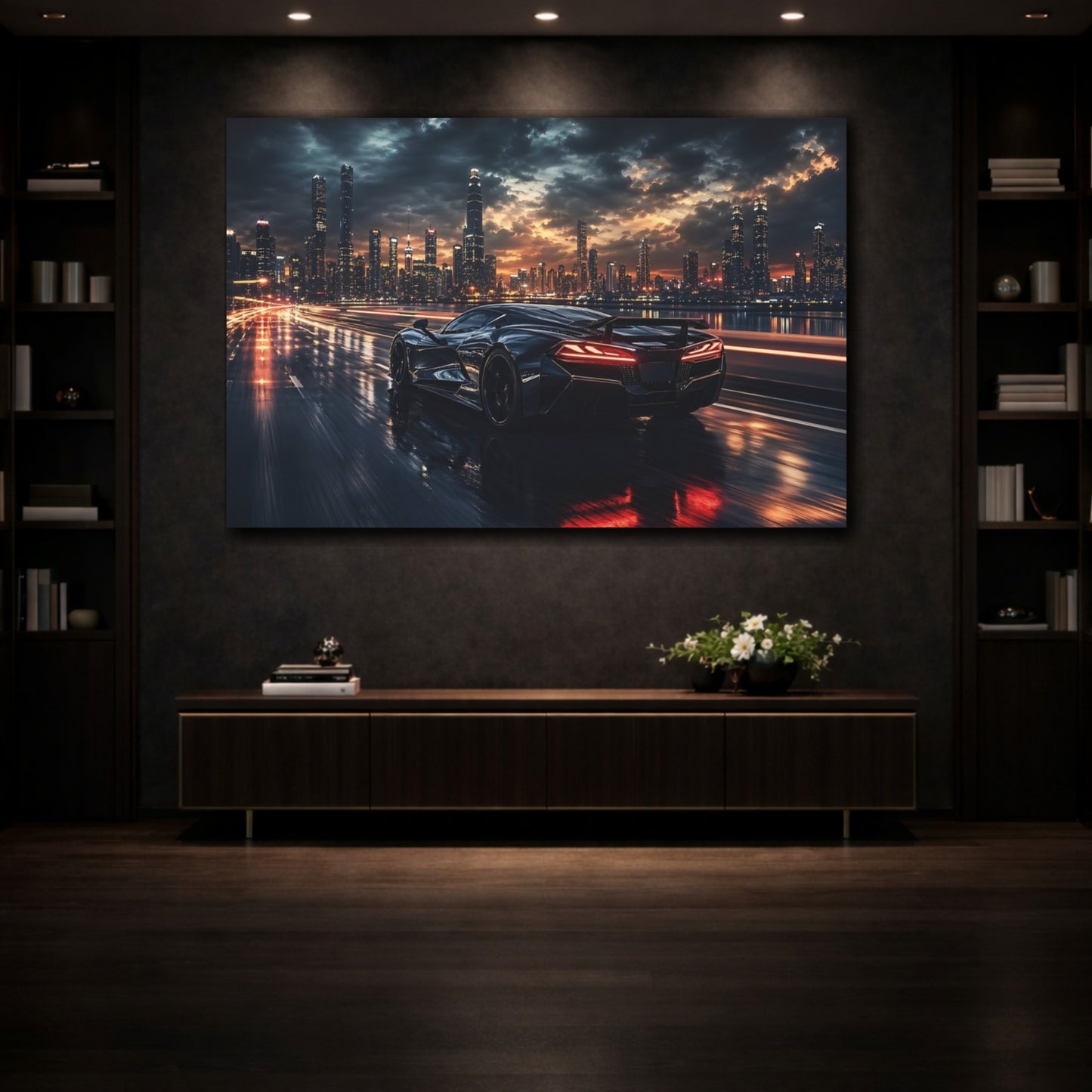 Mockup 3. Abstract Sports Car Dynamic Black Car shown as stretched canvas wall art
