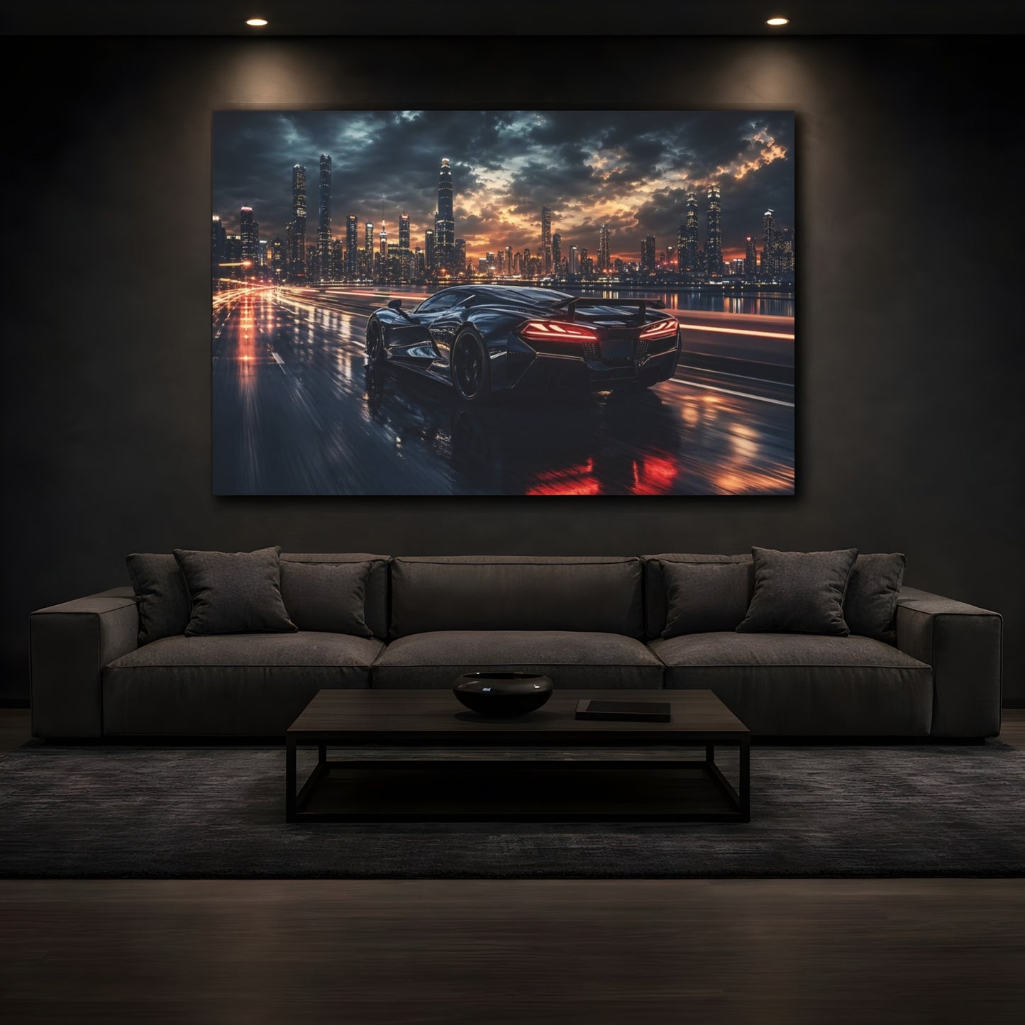 Mockup 4. Abstract Sports Car Dynamic Black Car shown as stretched canvas wall art