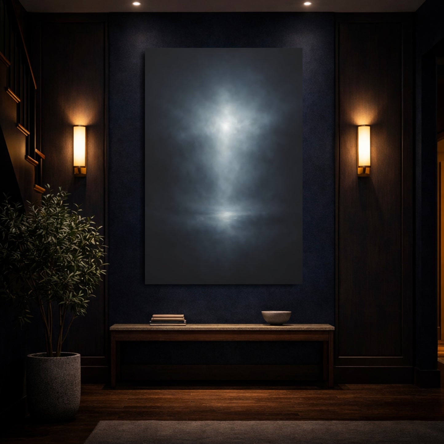 Abstract Spotlight Dark Blue Light shown as front canvas room wall art