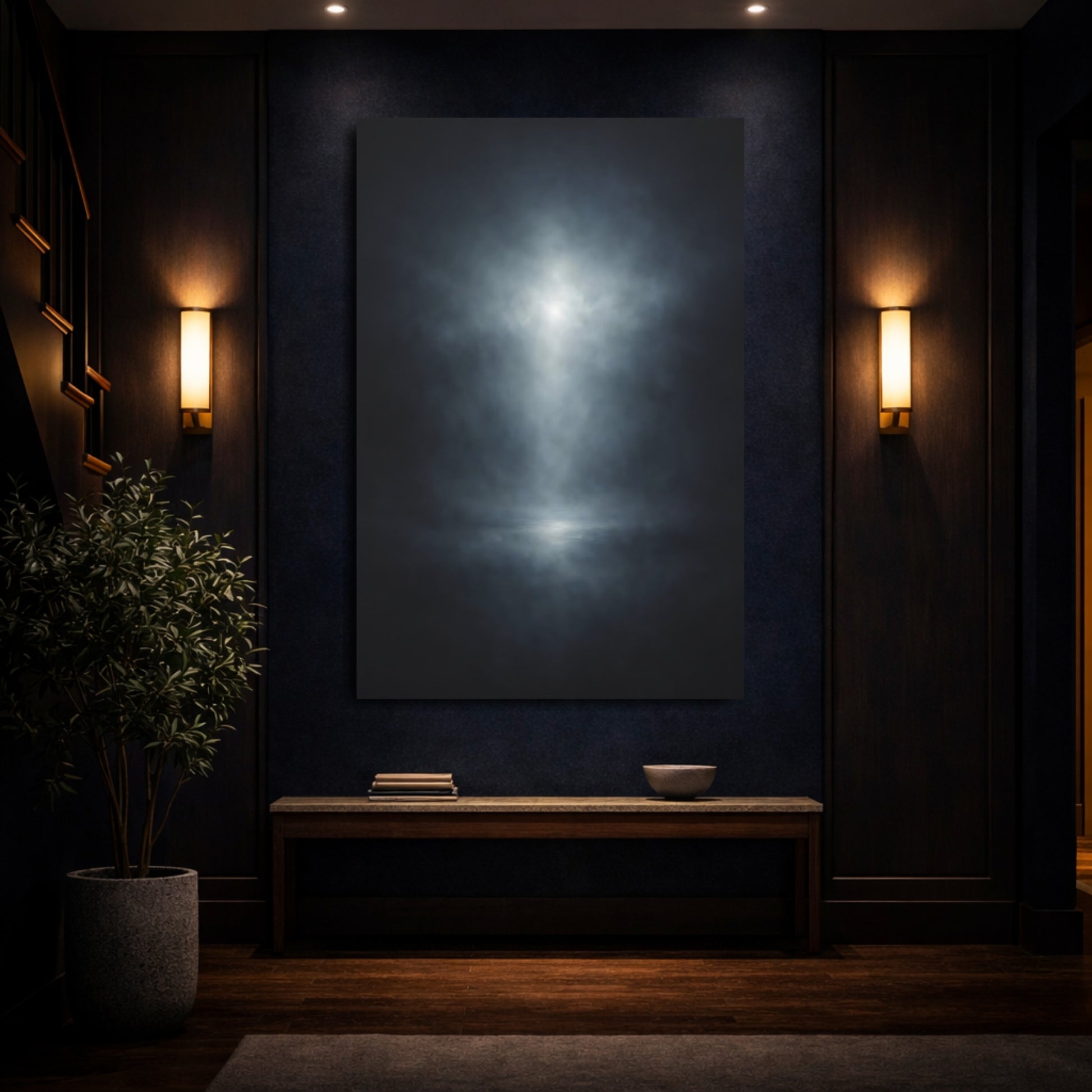 Abstract Spotlight Dark Blue Light shown as front canvas room wall art