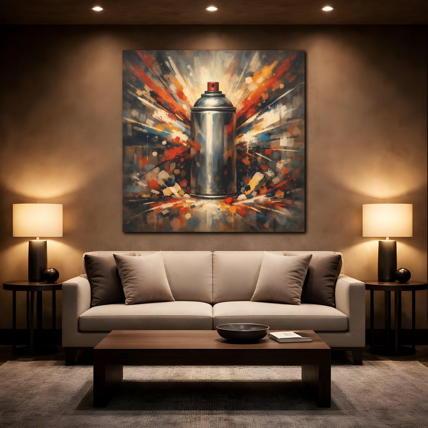 Mockup 2. Abstract Spray Can Colorful Spray Can shown as stretched canvas wall art