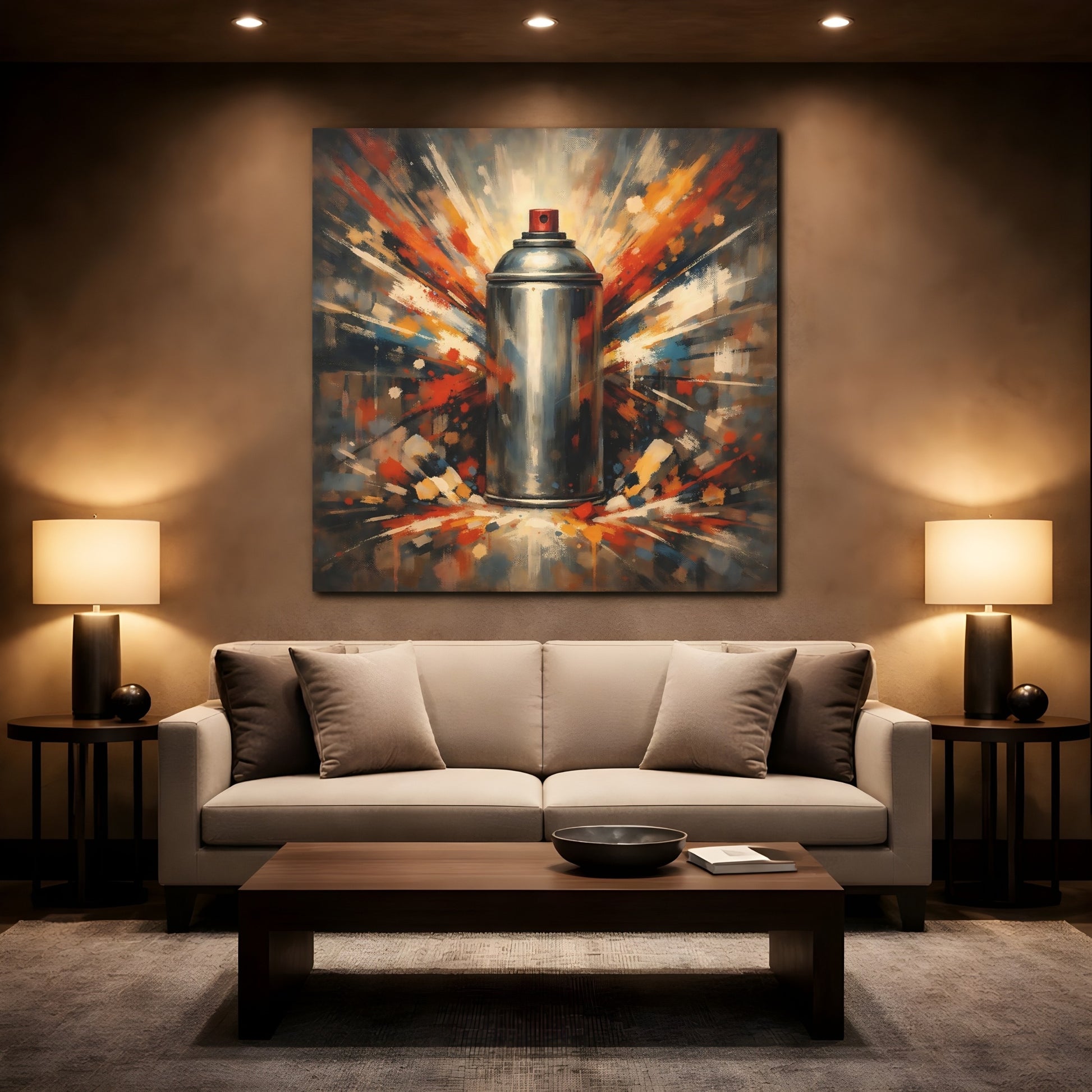 Mockup 2. Abstract Spray Can Colorful Spray Can shown as stretched canvas wall art