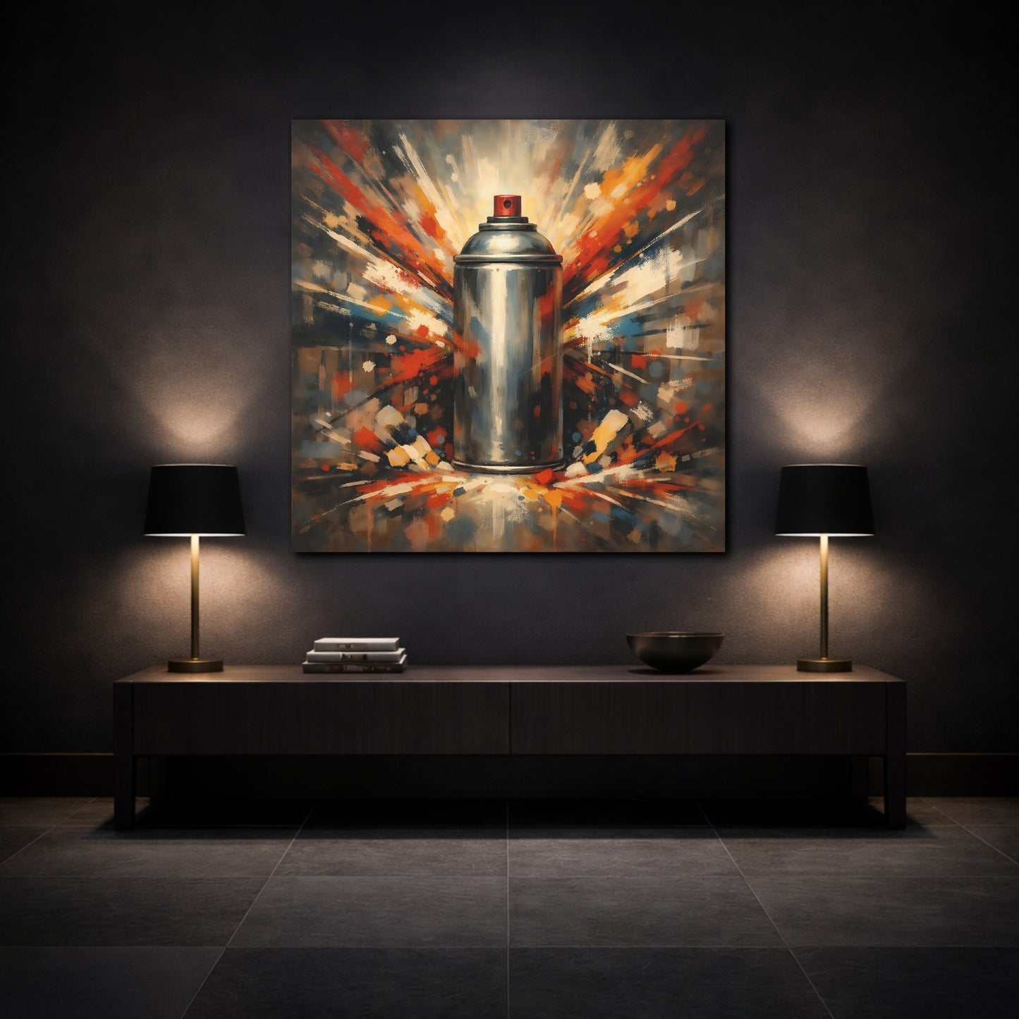 Mockup 3. Abstract Spray Can Colorful Spray Can shown as stretched canvas wall art