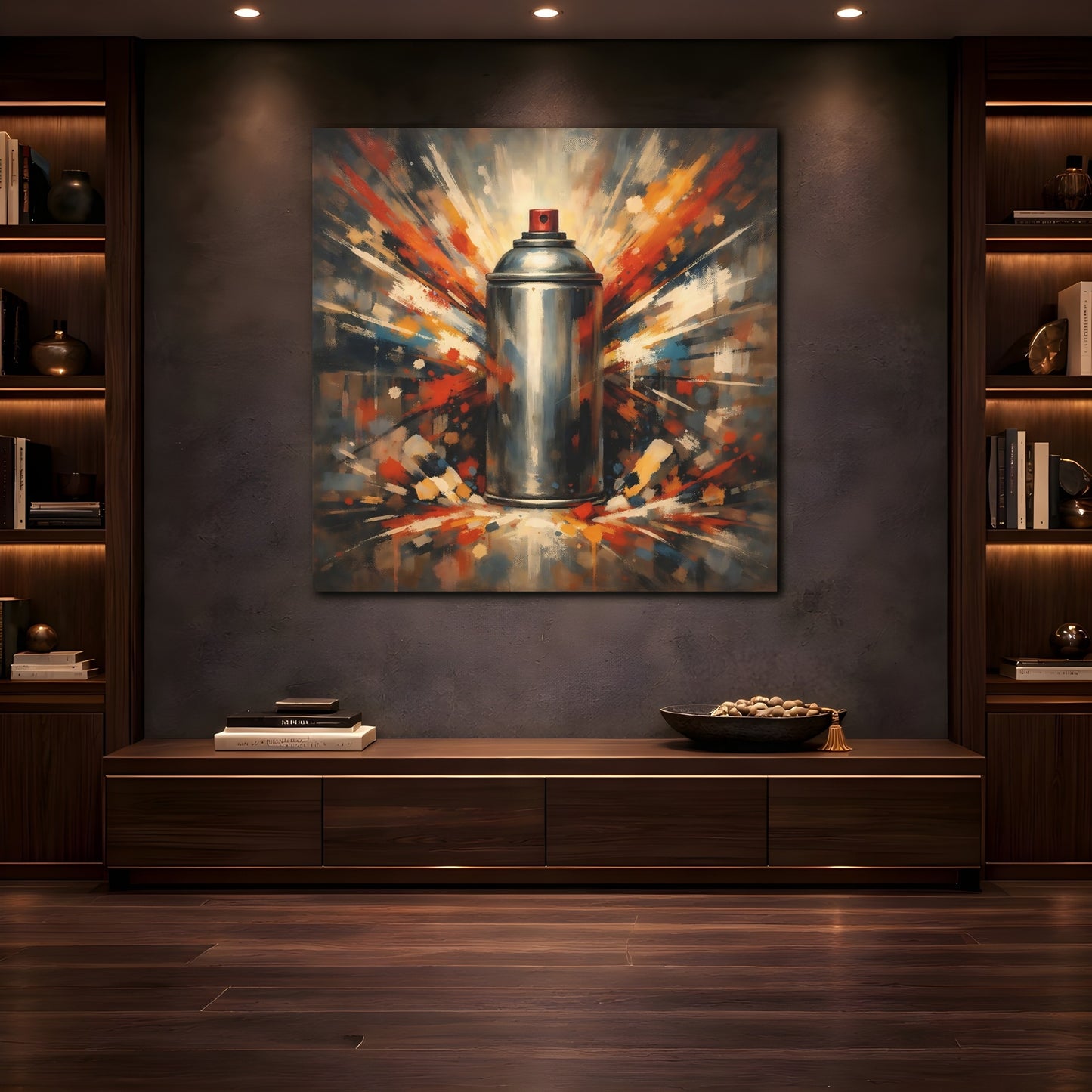 Mockup 4. Abstract Spray Can Colorful Spray Can shown as stretched canvas wall art