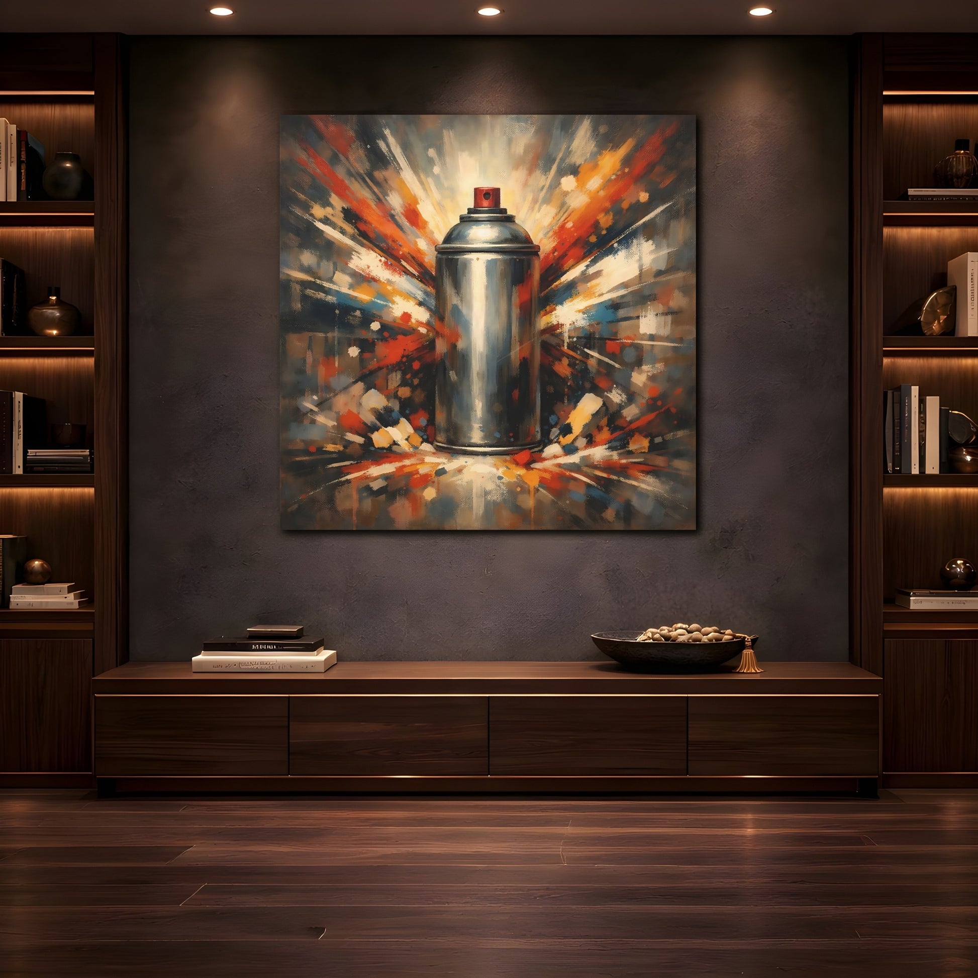 Mockup 4. Abstract Spray Can Colorful Spray Can shown as stretched canvas wall art