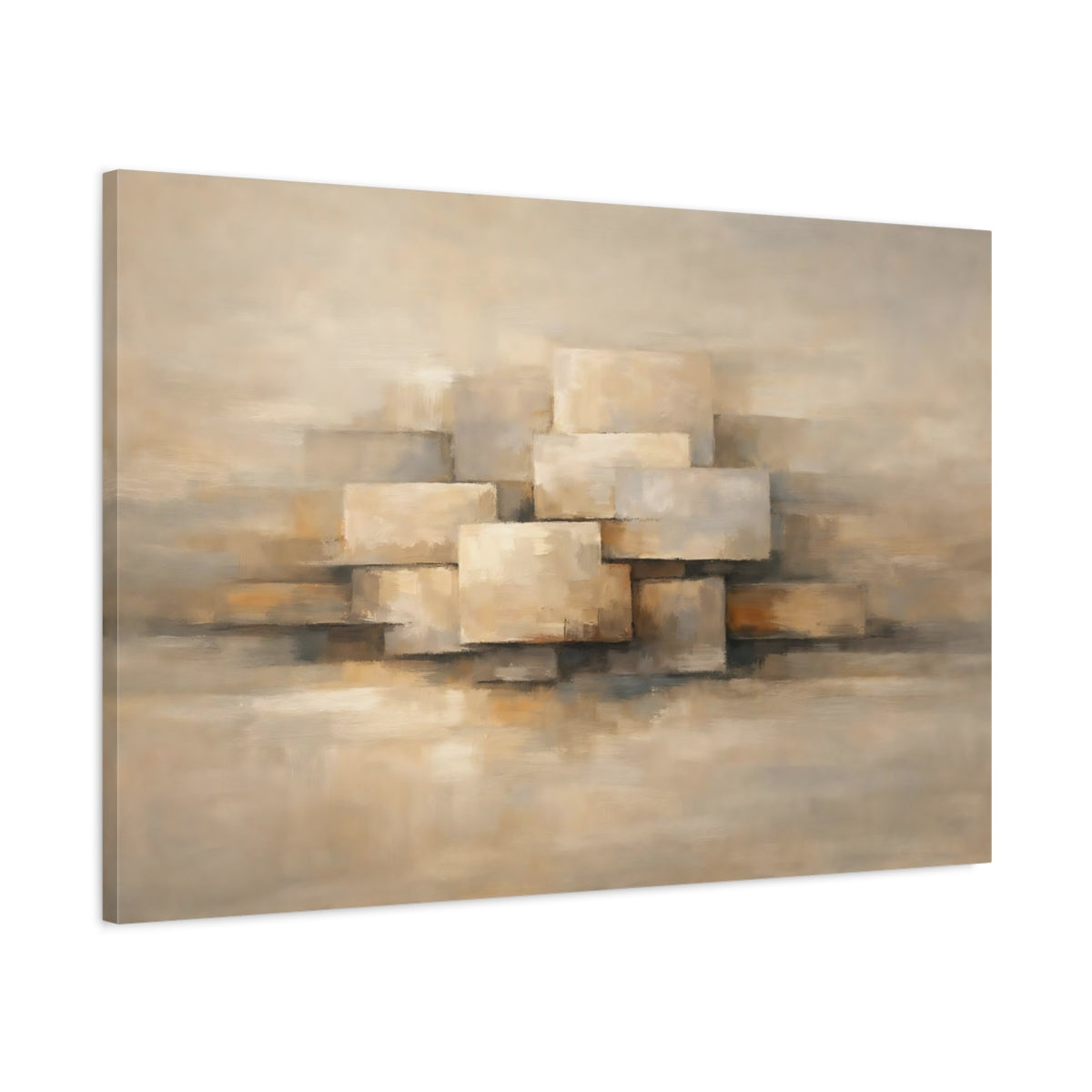 Side Mockup 1. Abstract Stacked Rectangles Beige Geometric shown as stretched canvas wall art