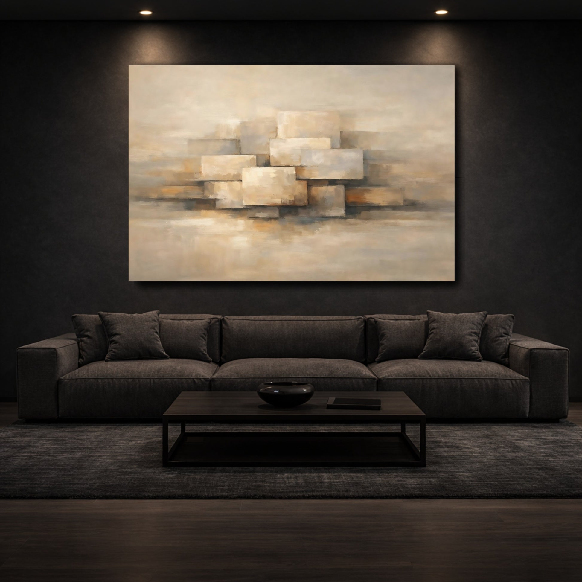 Mockup 2. Abstract Stacked Rectangles Beige Geometric shown as stretched canvas wall art