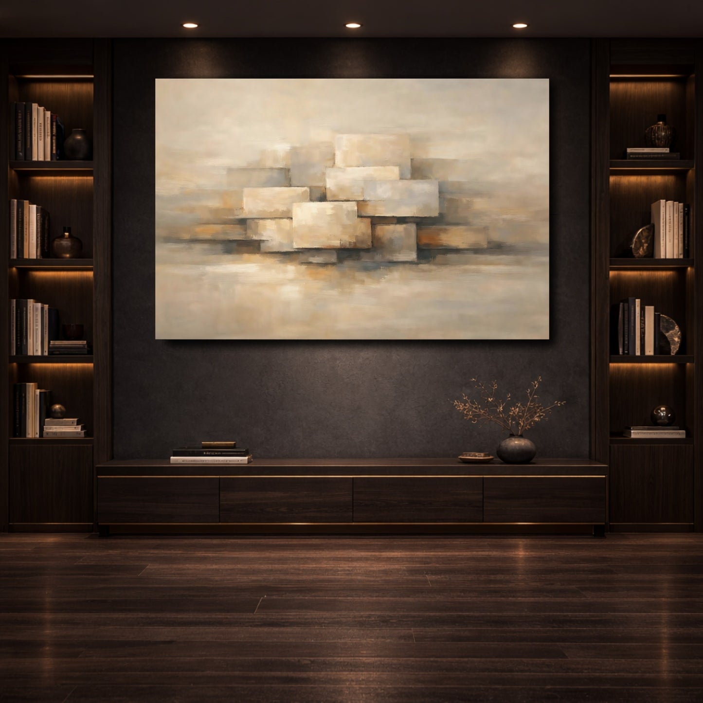 Mockup 3. Abstract Stacked Rectangles Beige Geometric shown as stretched canvas wall art