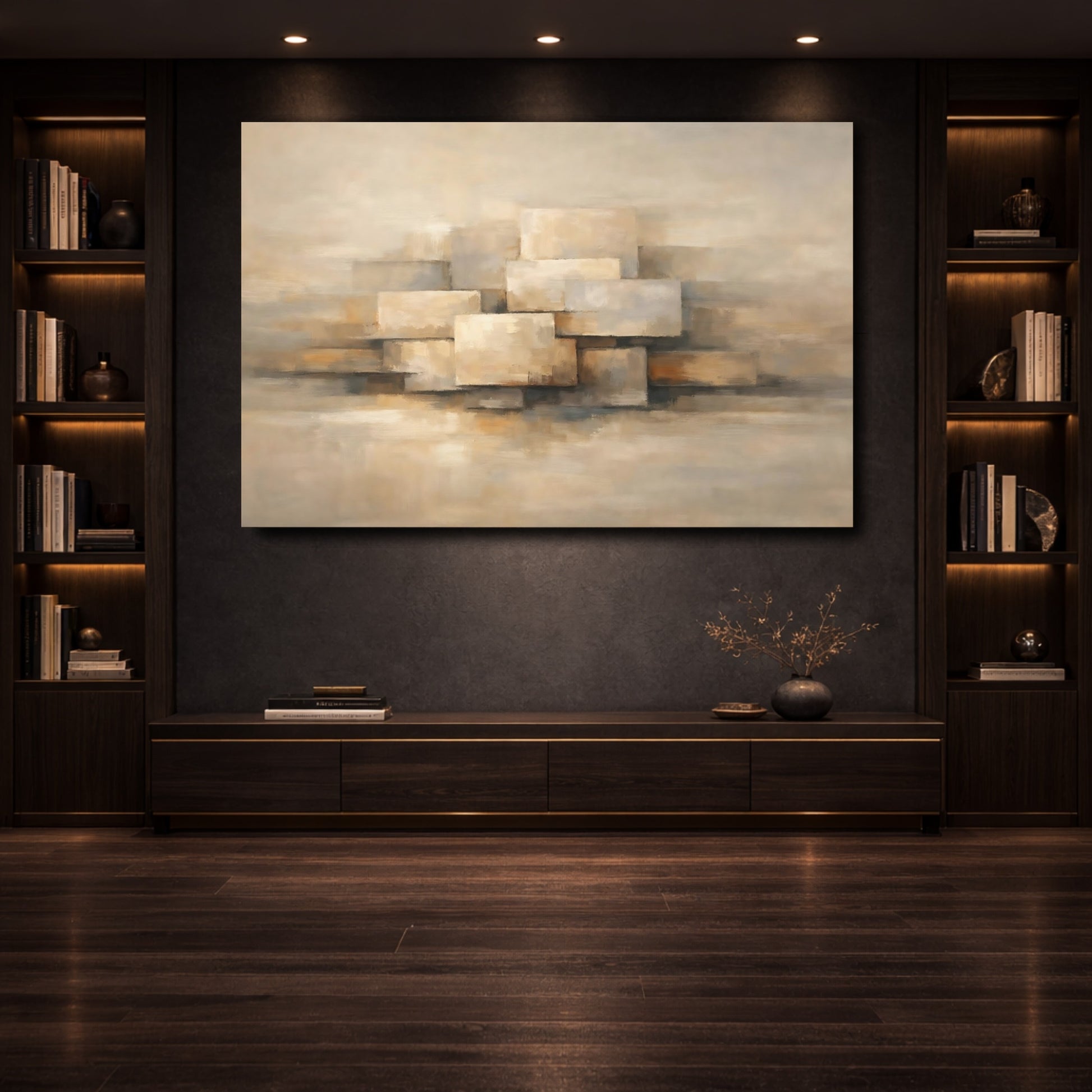 Mockup 3. Abstract Stacked Rectangles Beige Geometric shown as stretched canvas wall art