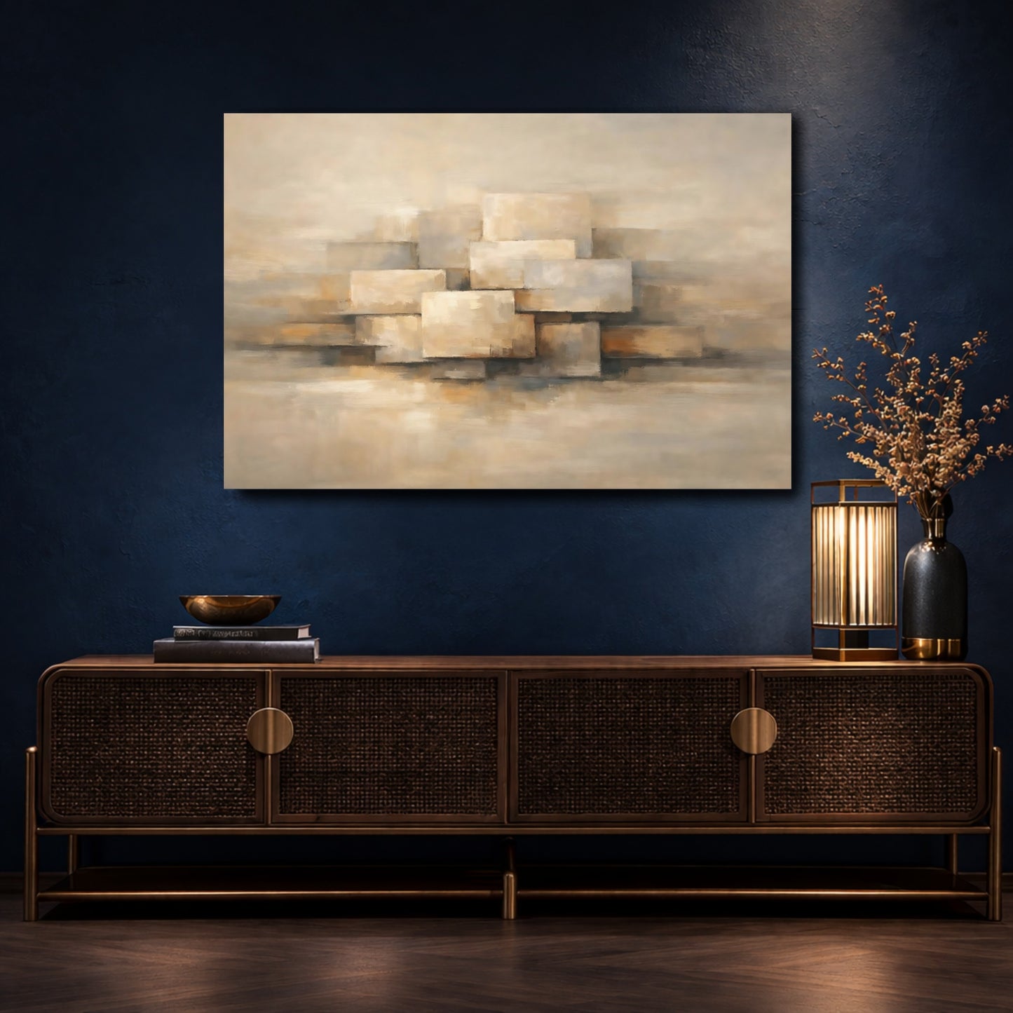 Mockup 4. Abstract Stacked Rectangles Beige Geometric shown as stretched canvas wall art