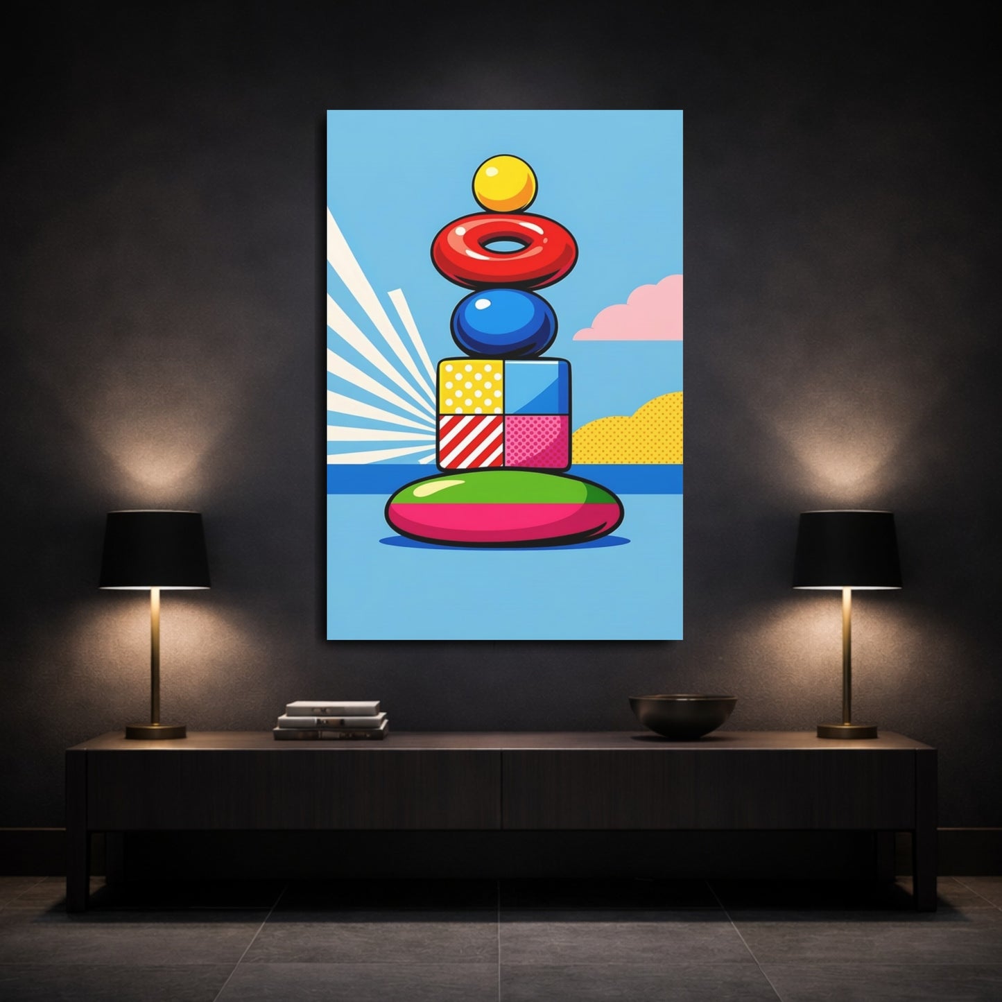 Mockup 2. Abstract Stacked Shapes Colorful Abstract Shapes shown as stretched canvas wall art