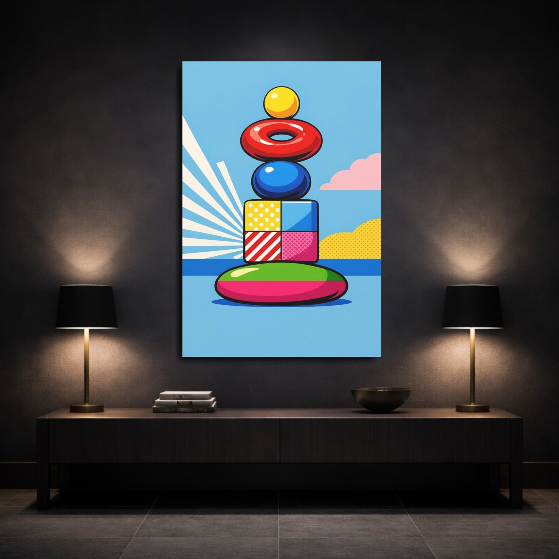 Mockup 2. Abstract Stacked Shapes Colorful Abstract Shapes shown as stretched canvas wall art