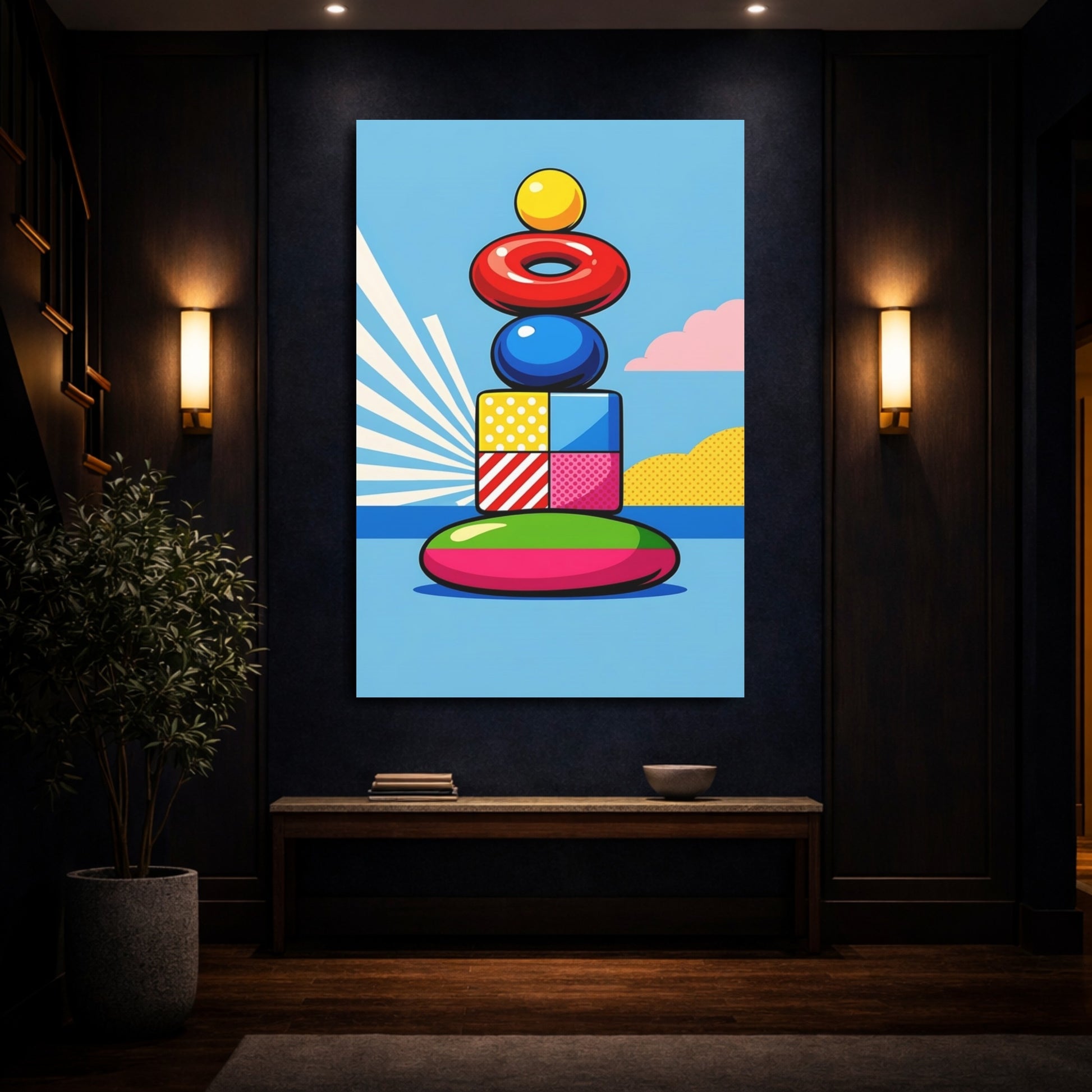 Mockup 3. Abstract Stacked Shapes Colorful Abstract Shapes shown as stretched canvas wall art