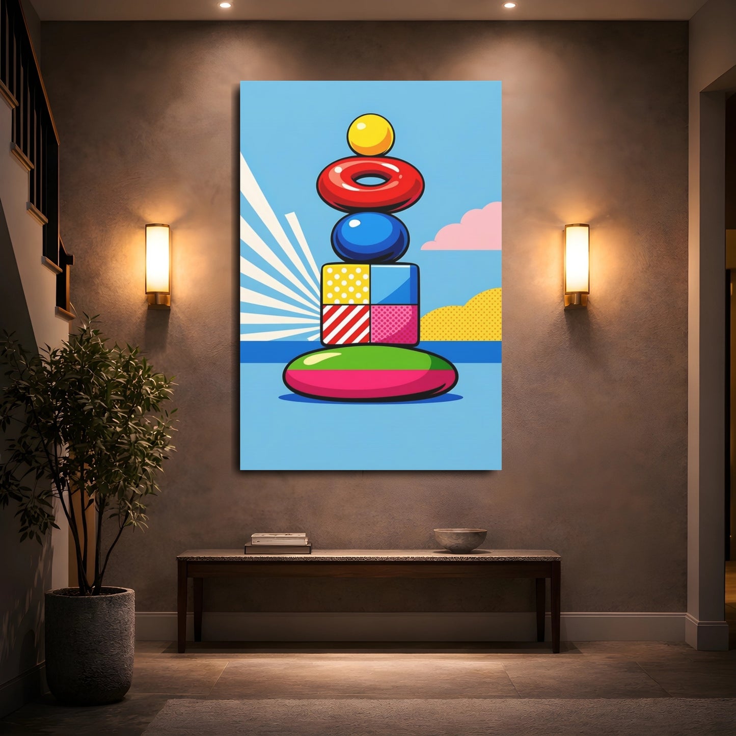 Mockup 4. Abstract Stacked Shapes Colorful Abstract Shapes shown as stretched canvas wall art