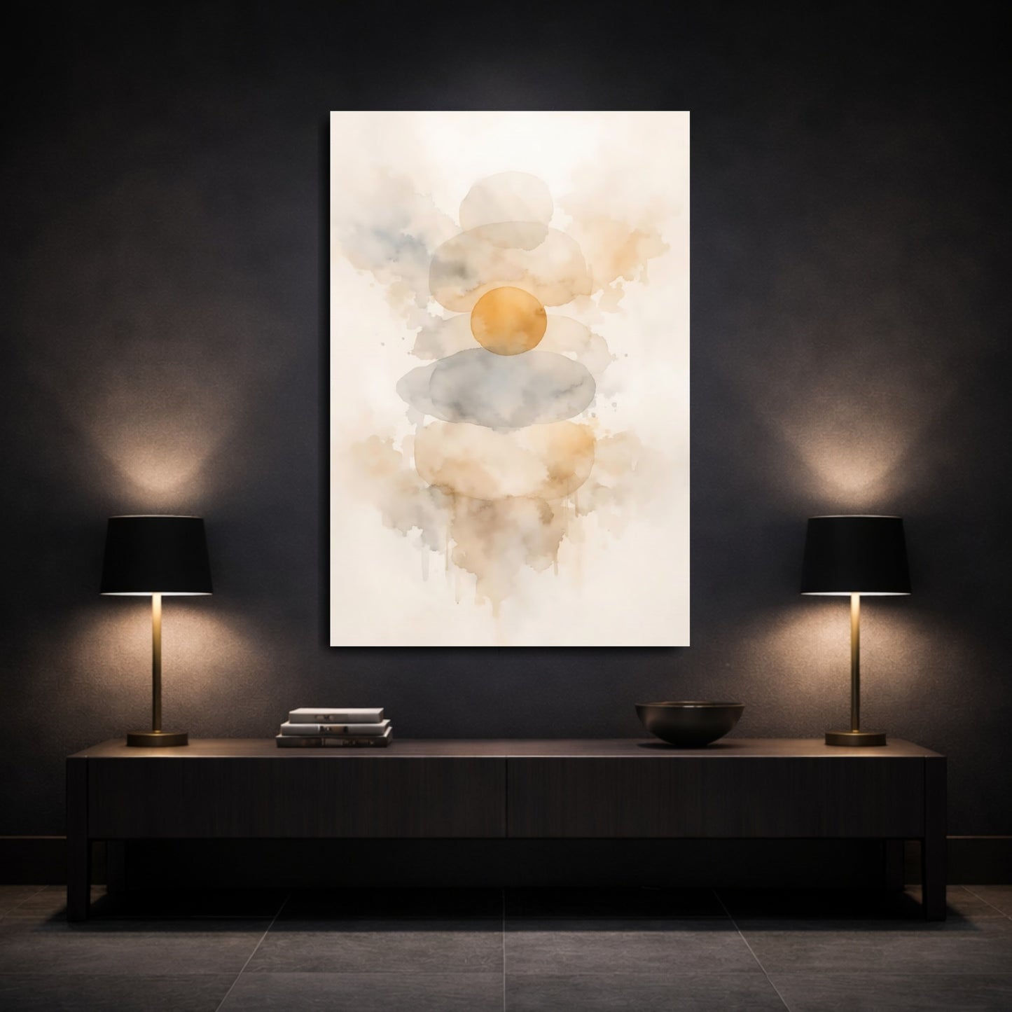 Mockup 2. Abstract Stacked Shapes Neutral Abstract Shapes shown as stretched canvas wall art
