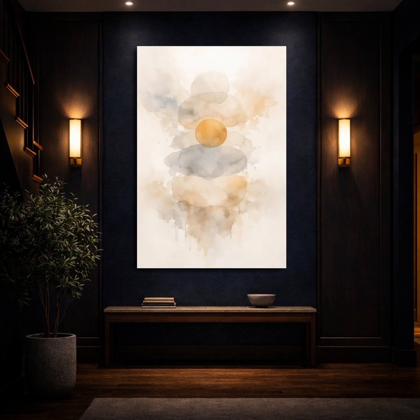 Mockup 3. Abstract Stacked Shapes Neutral Abstract Shapes shown as stretched canvas wall art