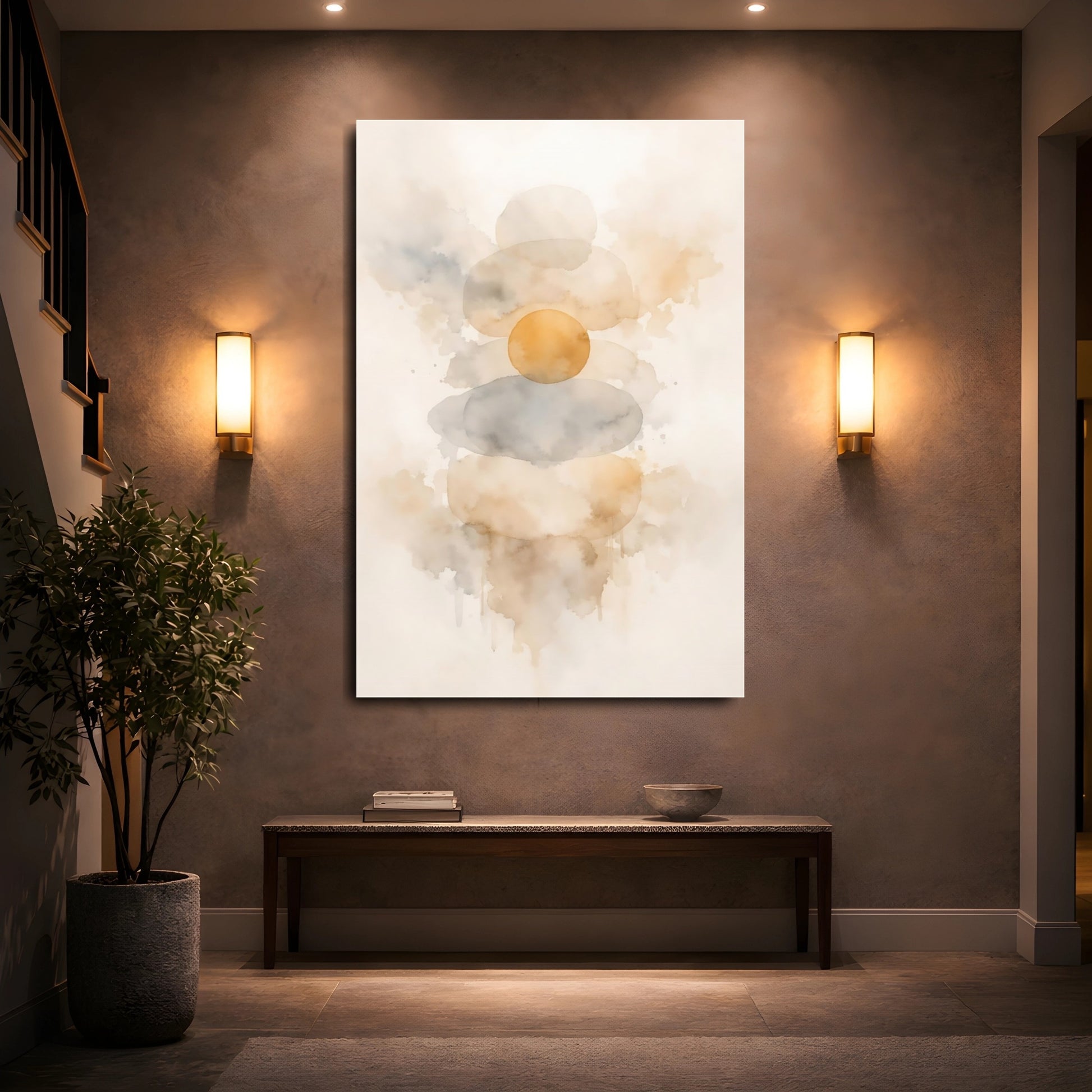 Mockup 4. Abstract Stacked Shapes Neutral Abstract Shapes shown as stretched canvas wall art