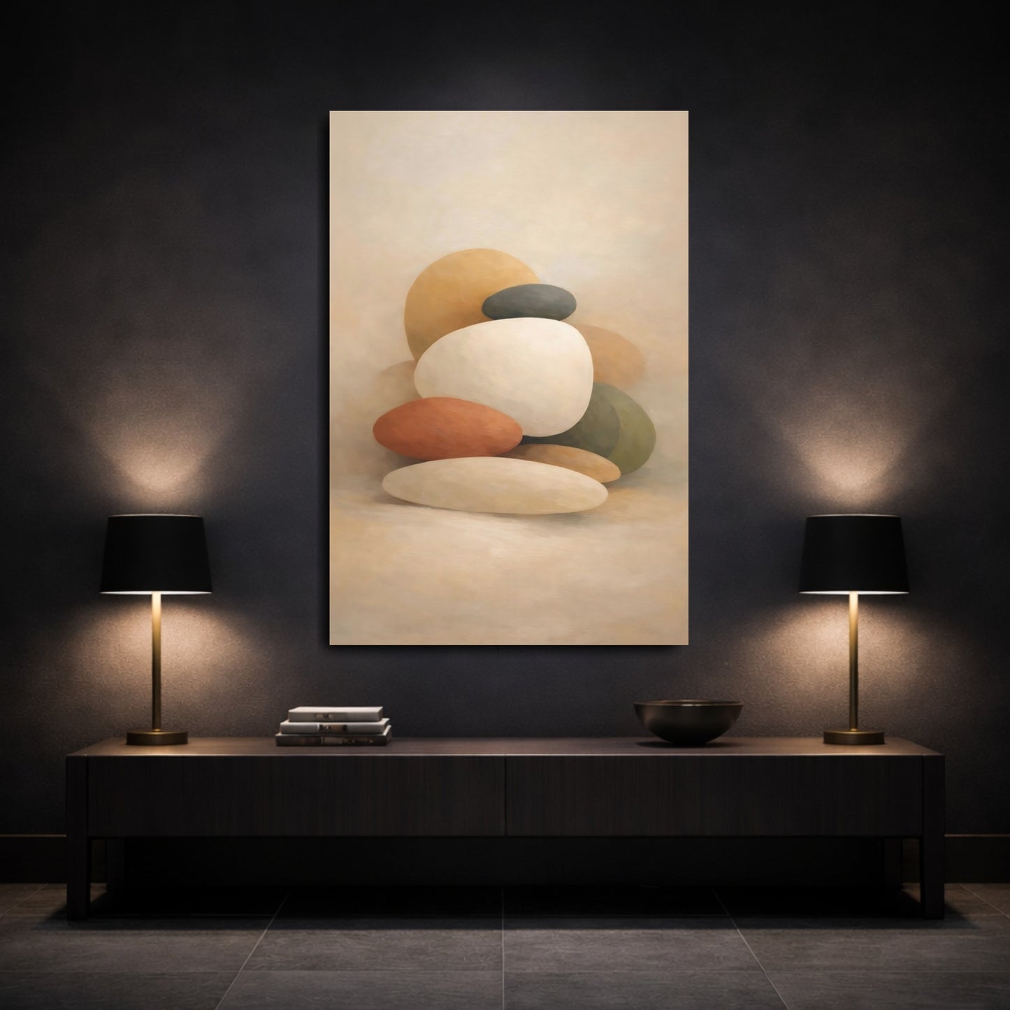 Mockup 2. Abstract Stacked Stones Neutral Stacked Stones shown as stretched canvas wall art