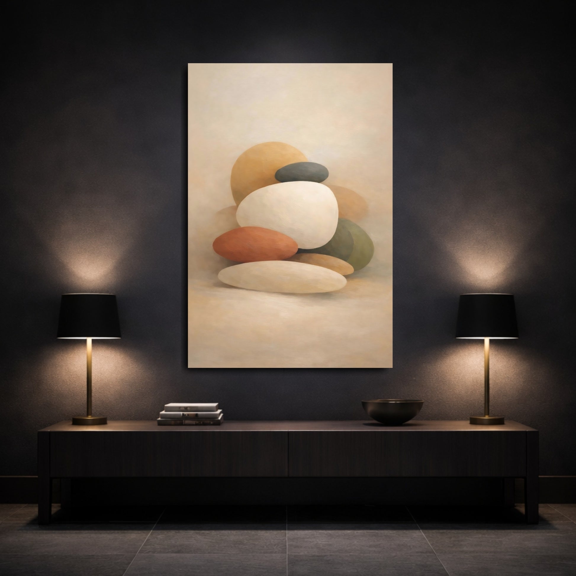 Mockup 2. Abstract Stacked Stones Neutral Stacked Stones shown as stretched canvas wall art
