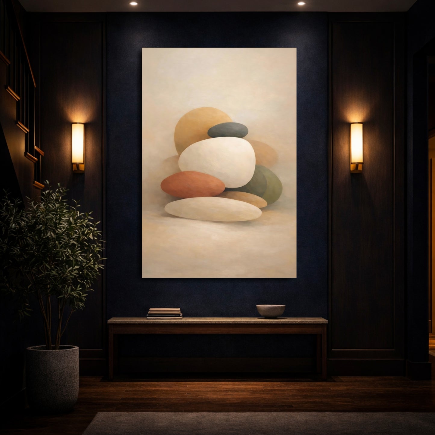 Mockup 3. Abstract Stacked Stones Neutral Stacked Stones shown as stretched canvas wall art