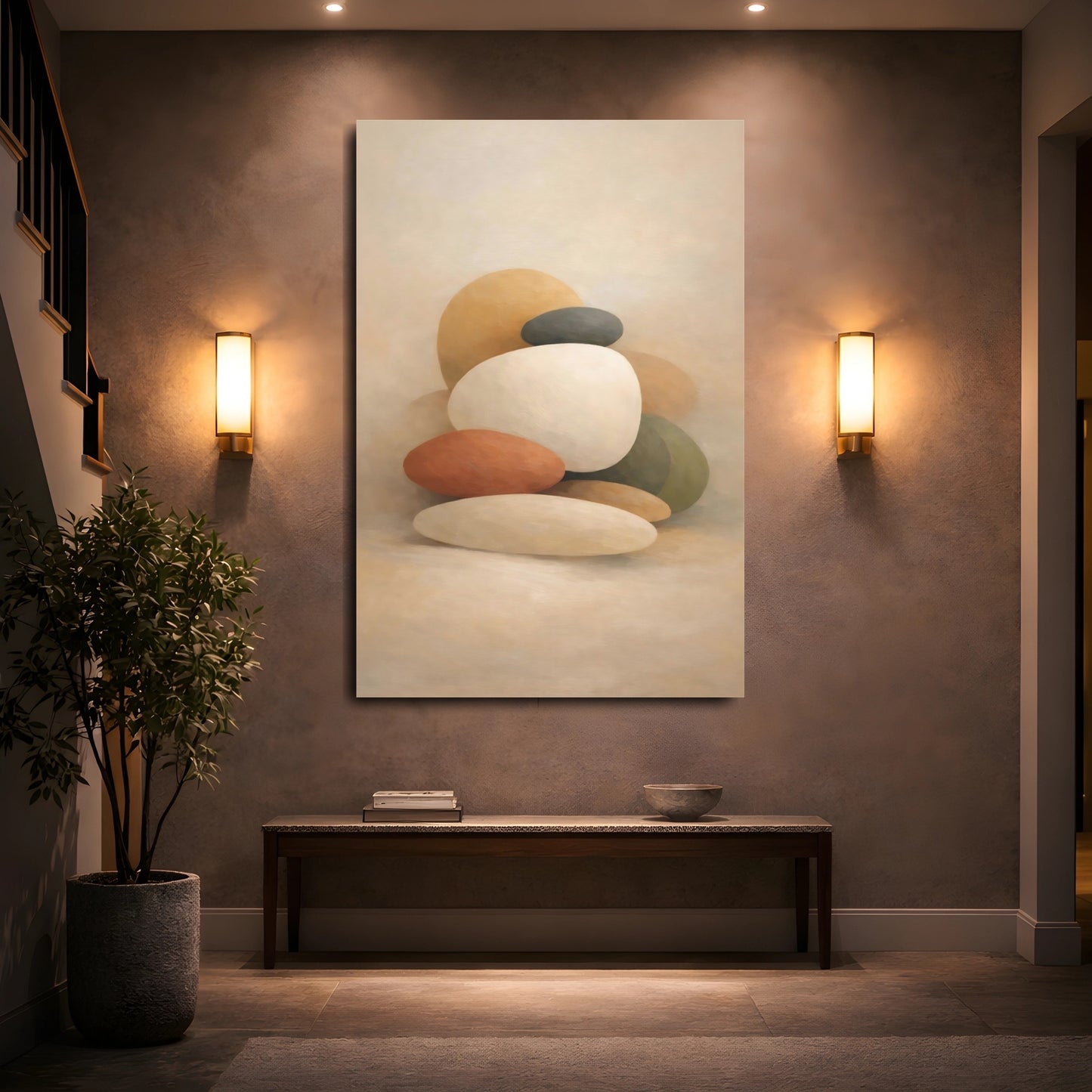 Mockup 4. Abstract Stacked Stones Neutral Stacked Stones shown as stretched canvas wall art
