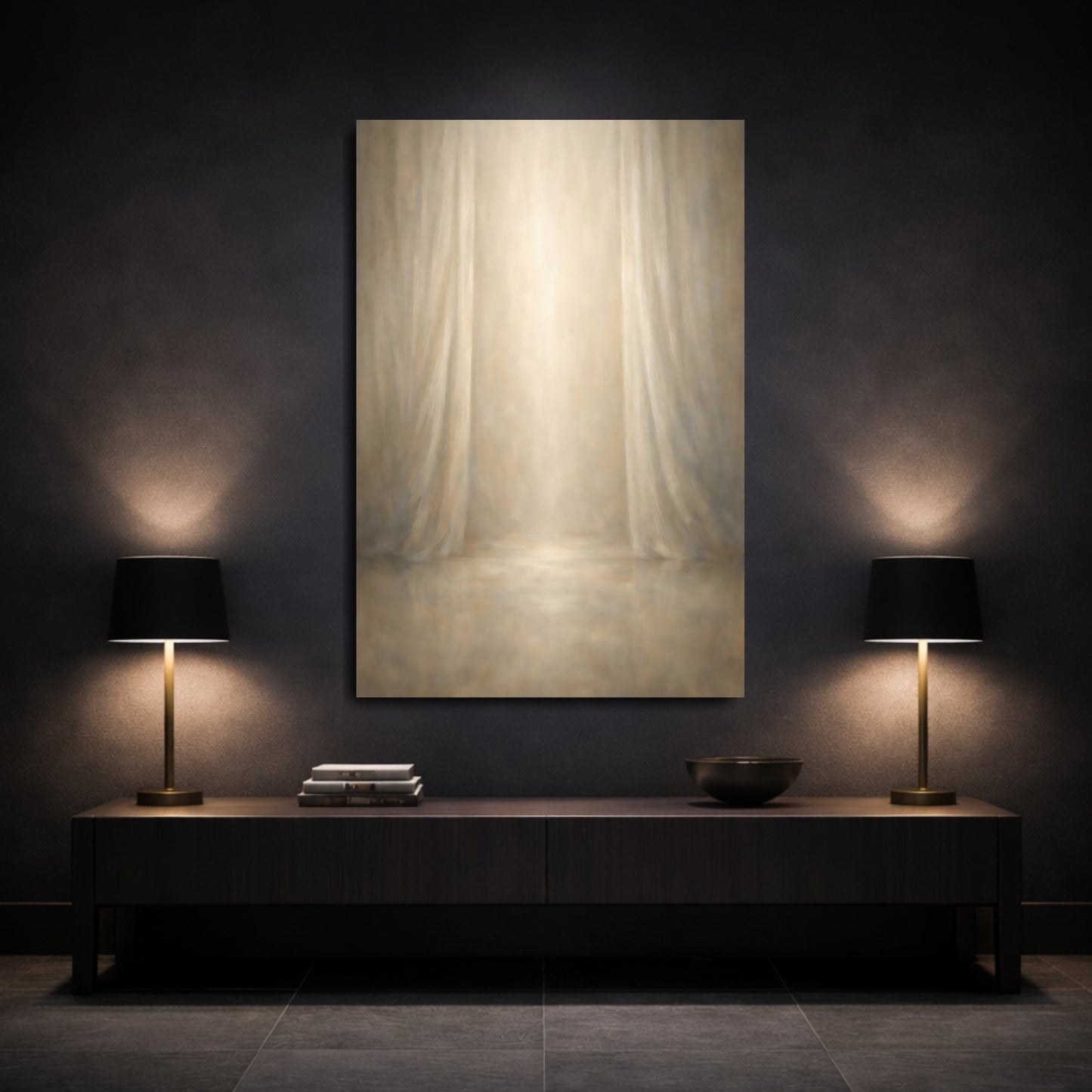 Mockup 2. Abstract Stage Backdrop Beige Brown shown as stretched canvas wall art