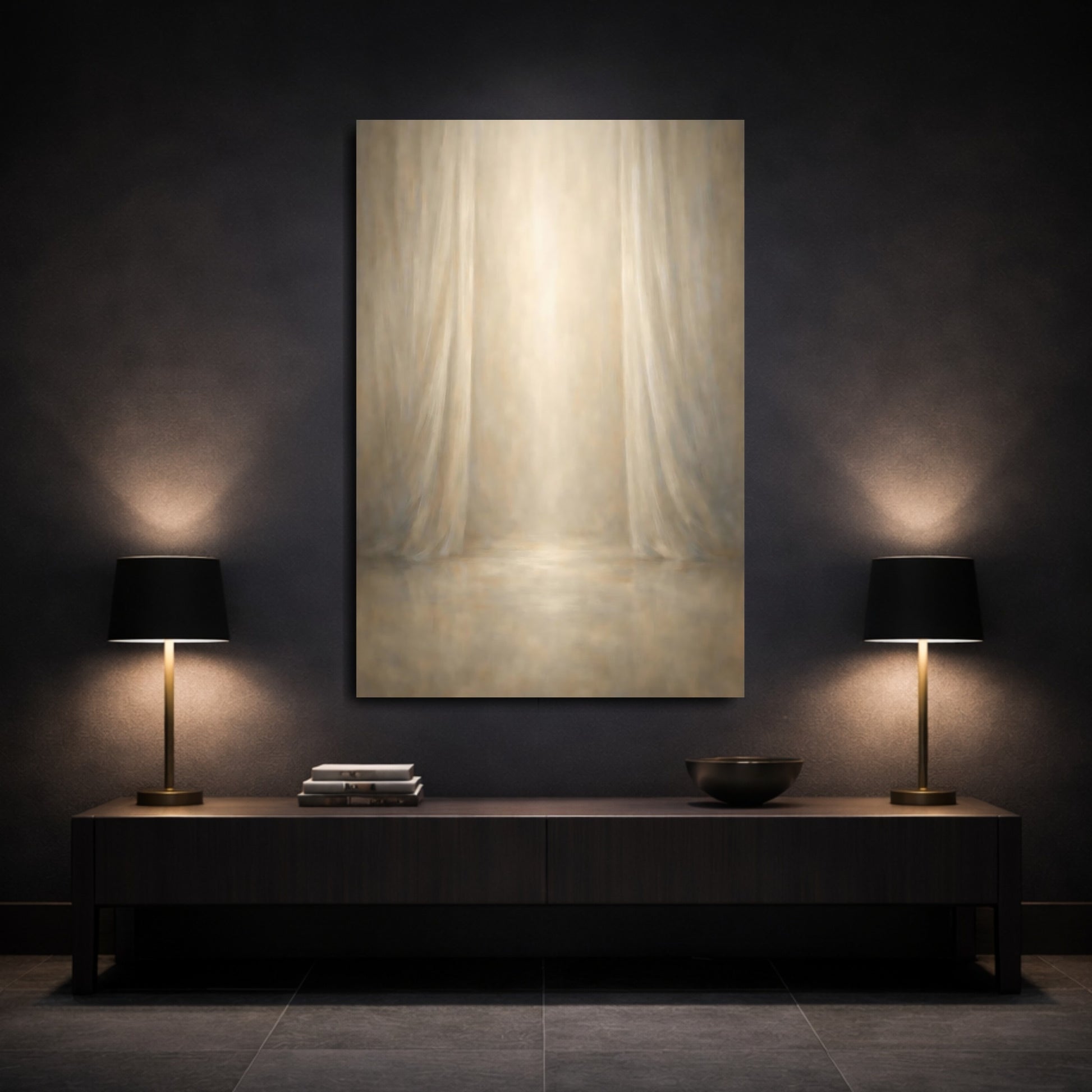 Mockup 2. Abstract Stage Backdrop Beige Brown shown as stretched canvas wall art