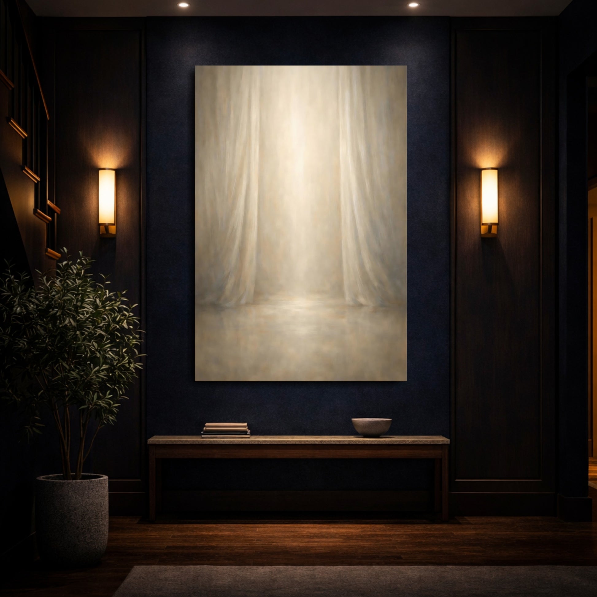 Mockup 3. Abstract Stage Backdrop Beige Brown shown as stretched canvas wall art
