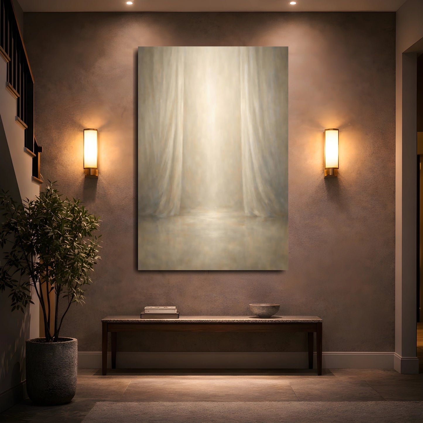 Mockup 4. Abstract Stage Backdrop Beige Brown shown as stretched canvas wall art