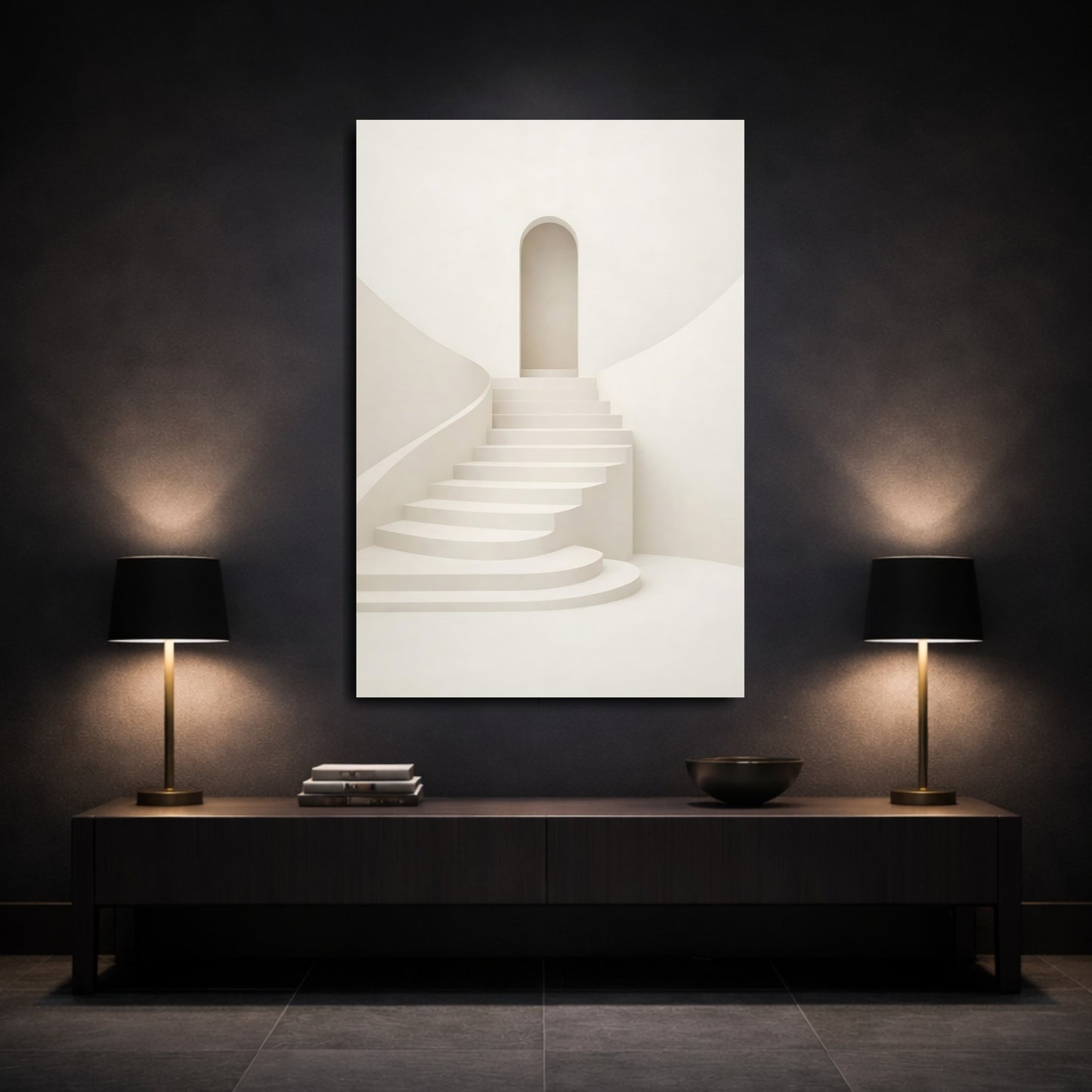 Mockup 2. Abstract Staircase Beige Staircase shown as stretched canvas wall art