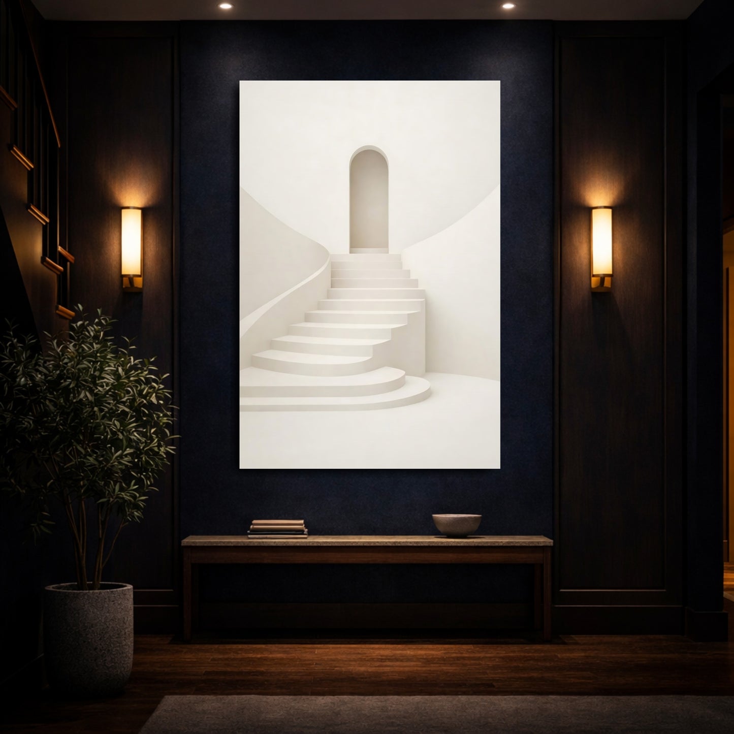 Mockup 3. Abstract Staircase Beige Staircase shown as stretched canvas wall art